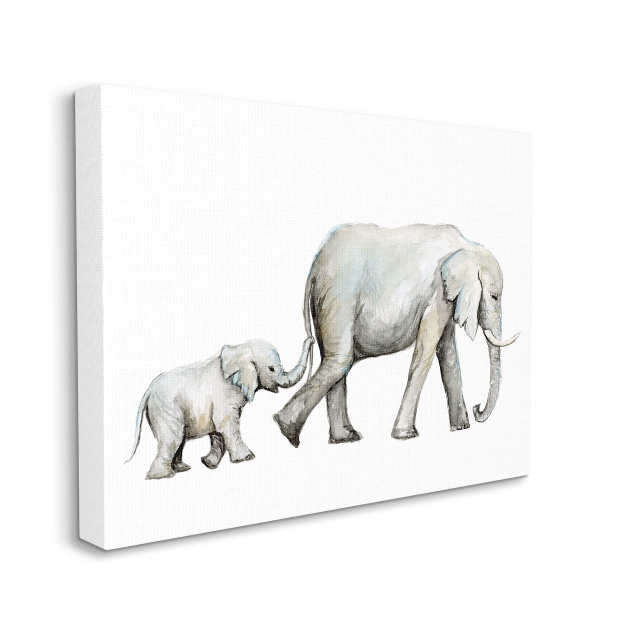 Stupell Industries Baby Elephant Mother Watercolor Painting Nursery Safari Animals Canvas Wall Art