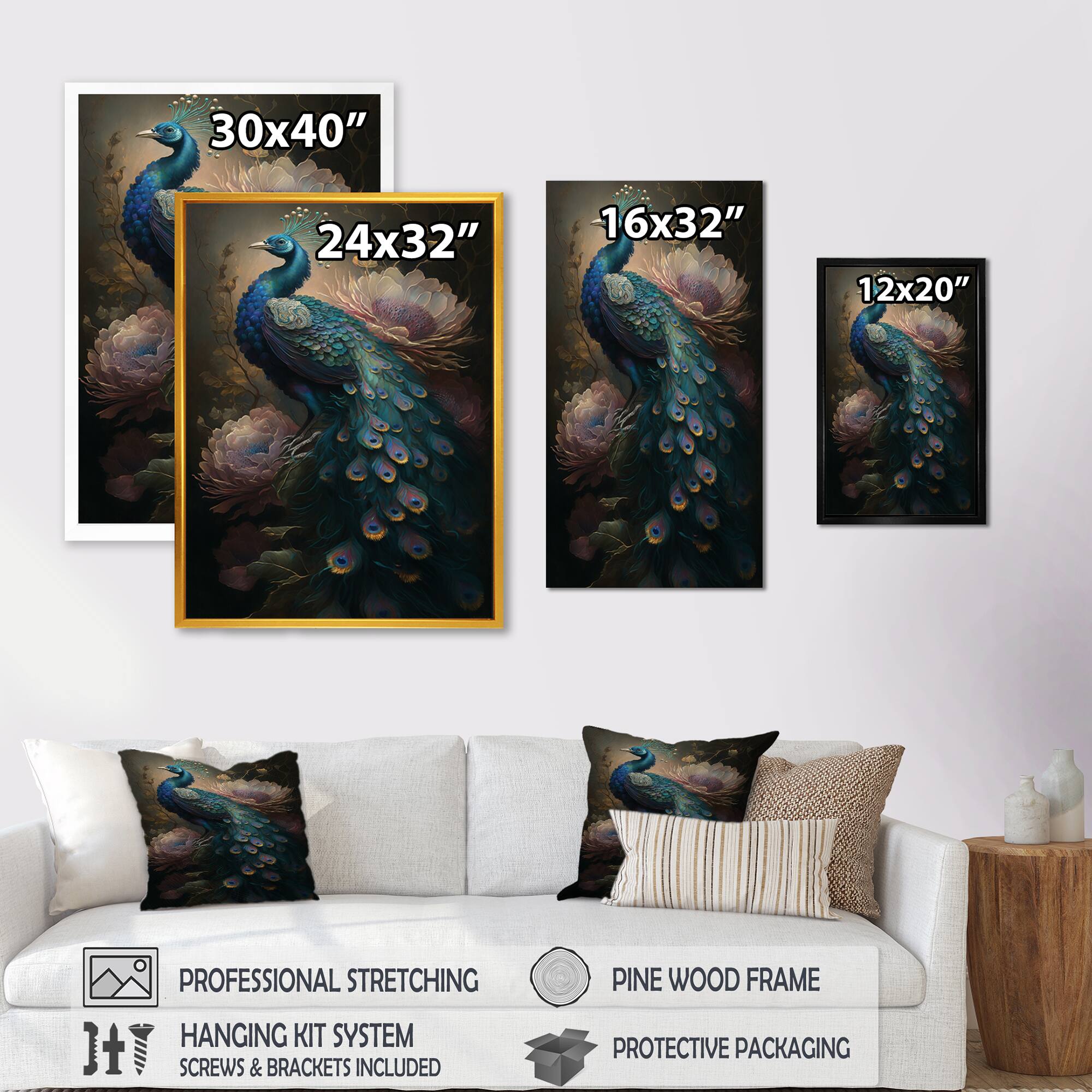 Designart 'Peacock With Flowers' Animals Canvas Wall Art