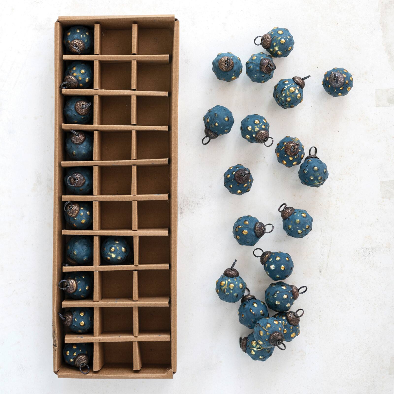 Hello Honey® Distressed Navy & Gold Round Glass Hobnail Ornaments Boxed Set