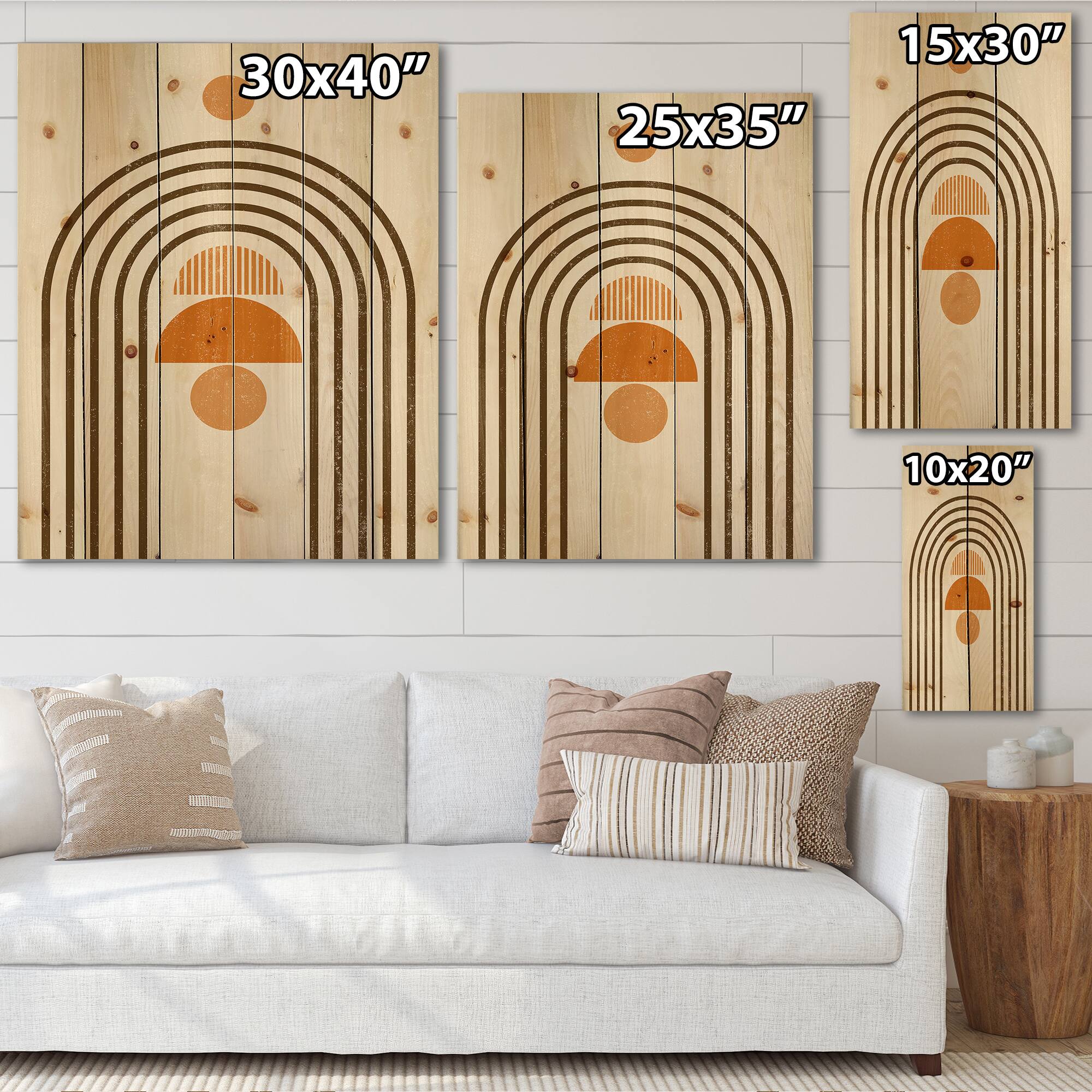 Designart - Abstract Rainbow Sun and Moon In Earth Tones IV - Modern Print on Natural Pine Wood