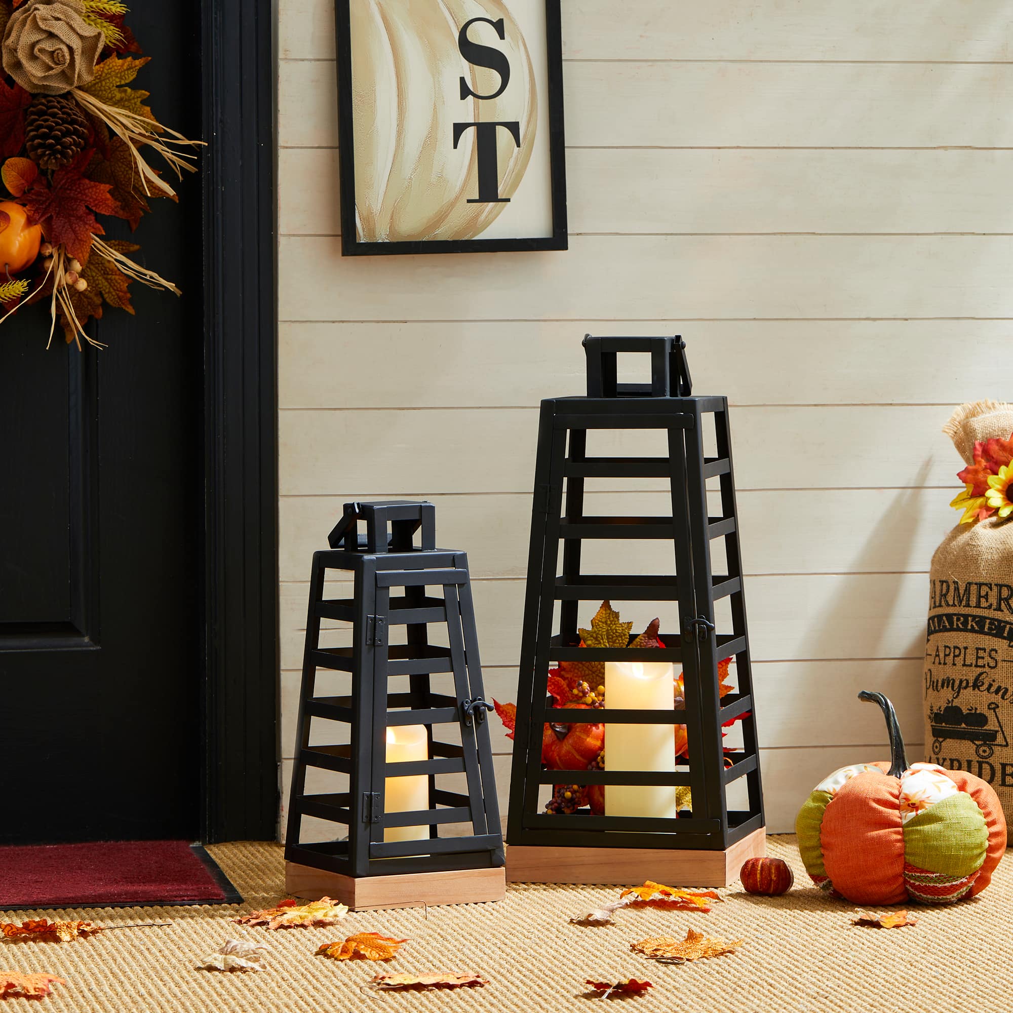 Glitzhome® Black Modern Trapezoid Metal & Wood Lanterns Set