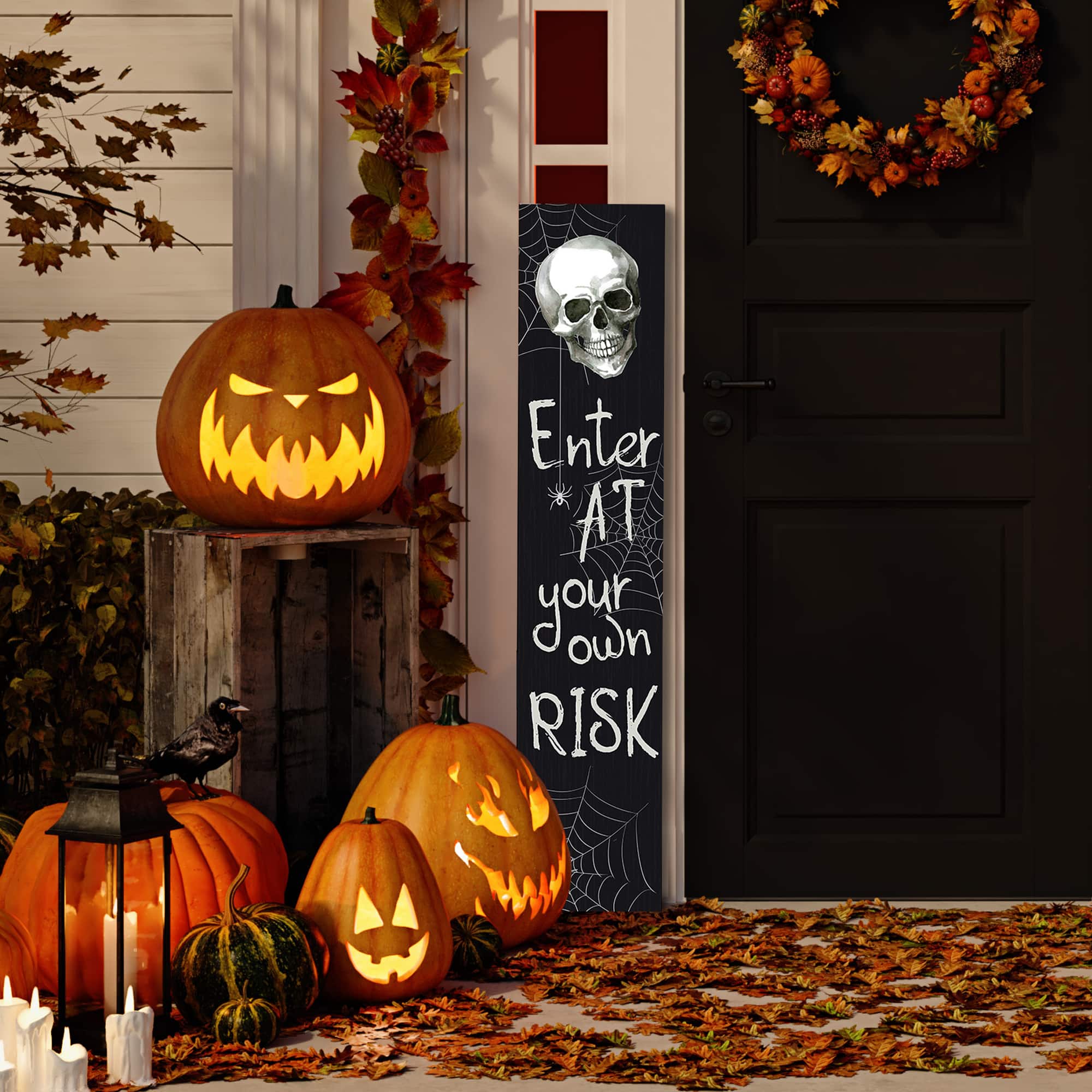 36" Black & White Enter at Your Own Risk Wood Halloween Wall Sign