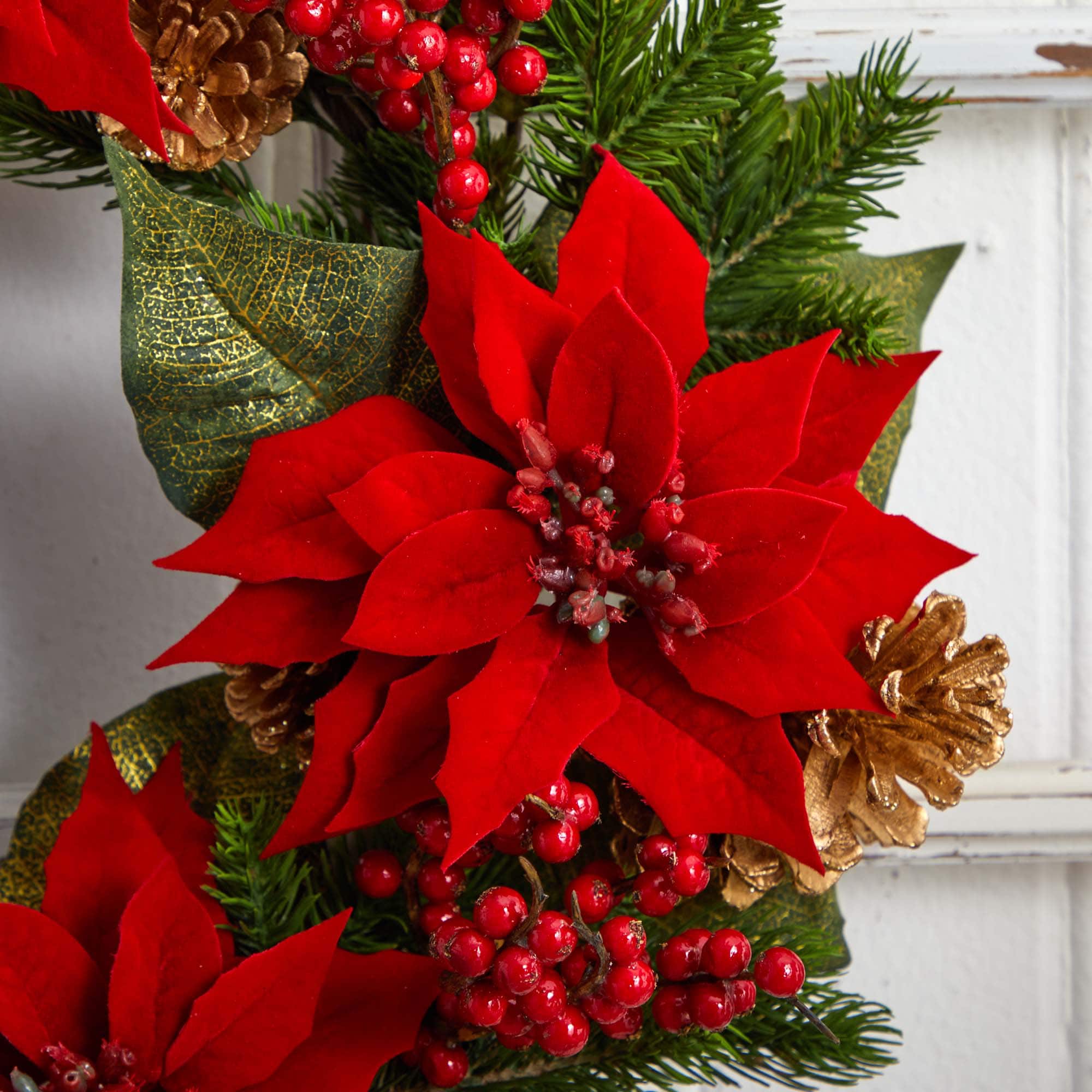 24" Poinsettia, Berry and Golden Pinecone Artificial Wreath