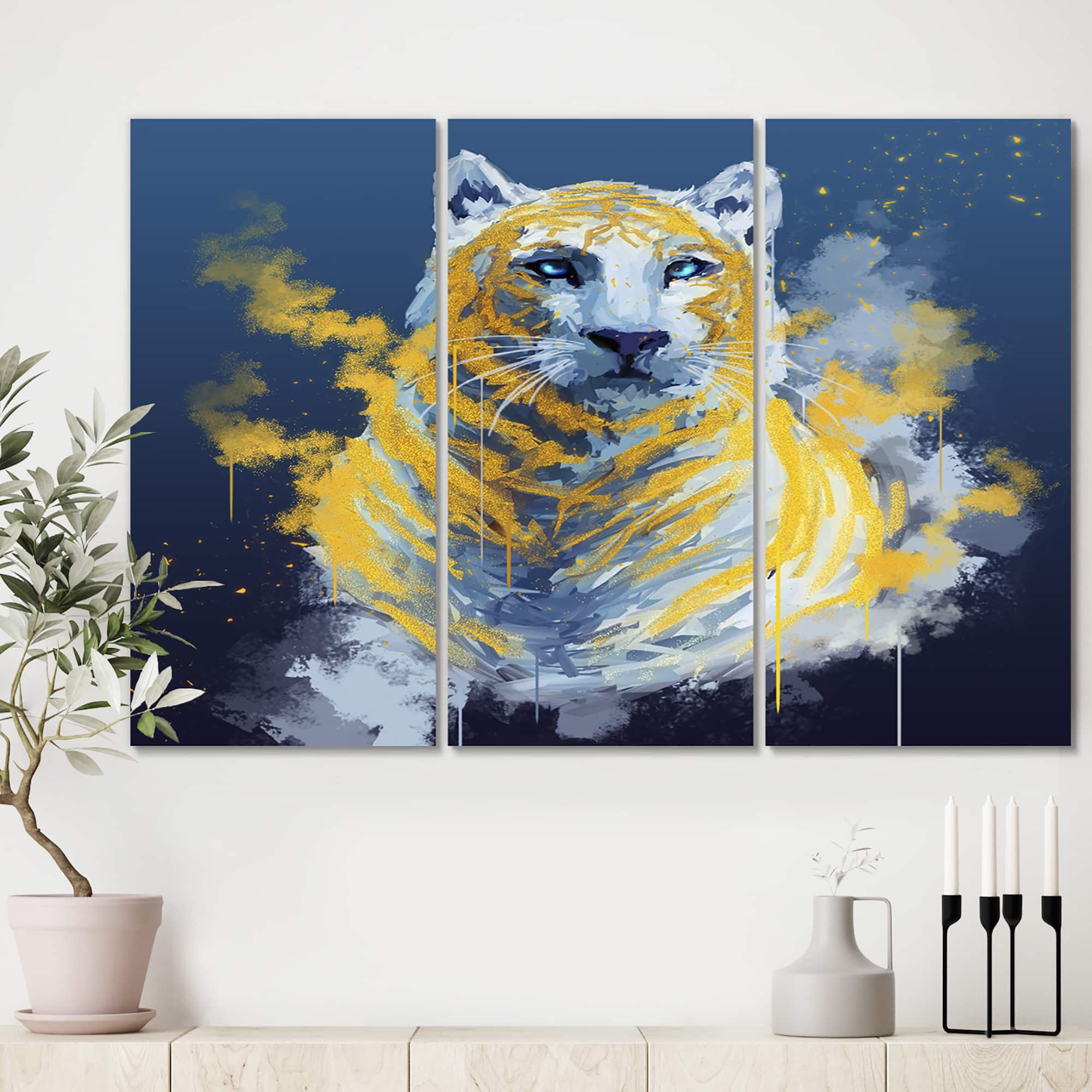 Designart - Tiger Spirit In Blue And Gold - Abstract Canvas Wall Art