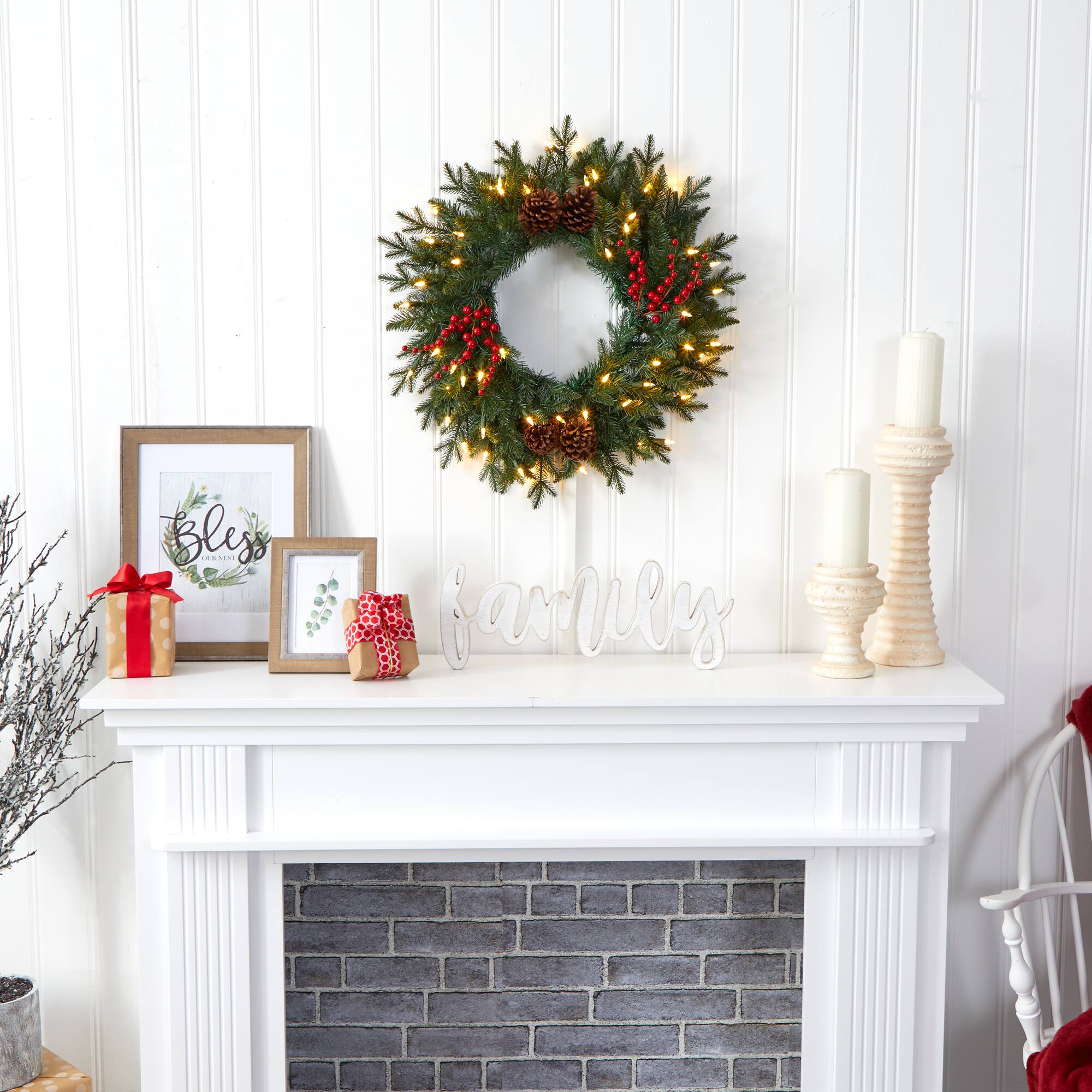 24" LED Green Pine Christmas Wreath with Berries & Pinecones