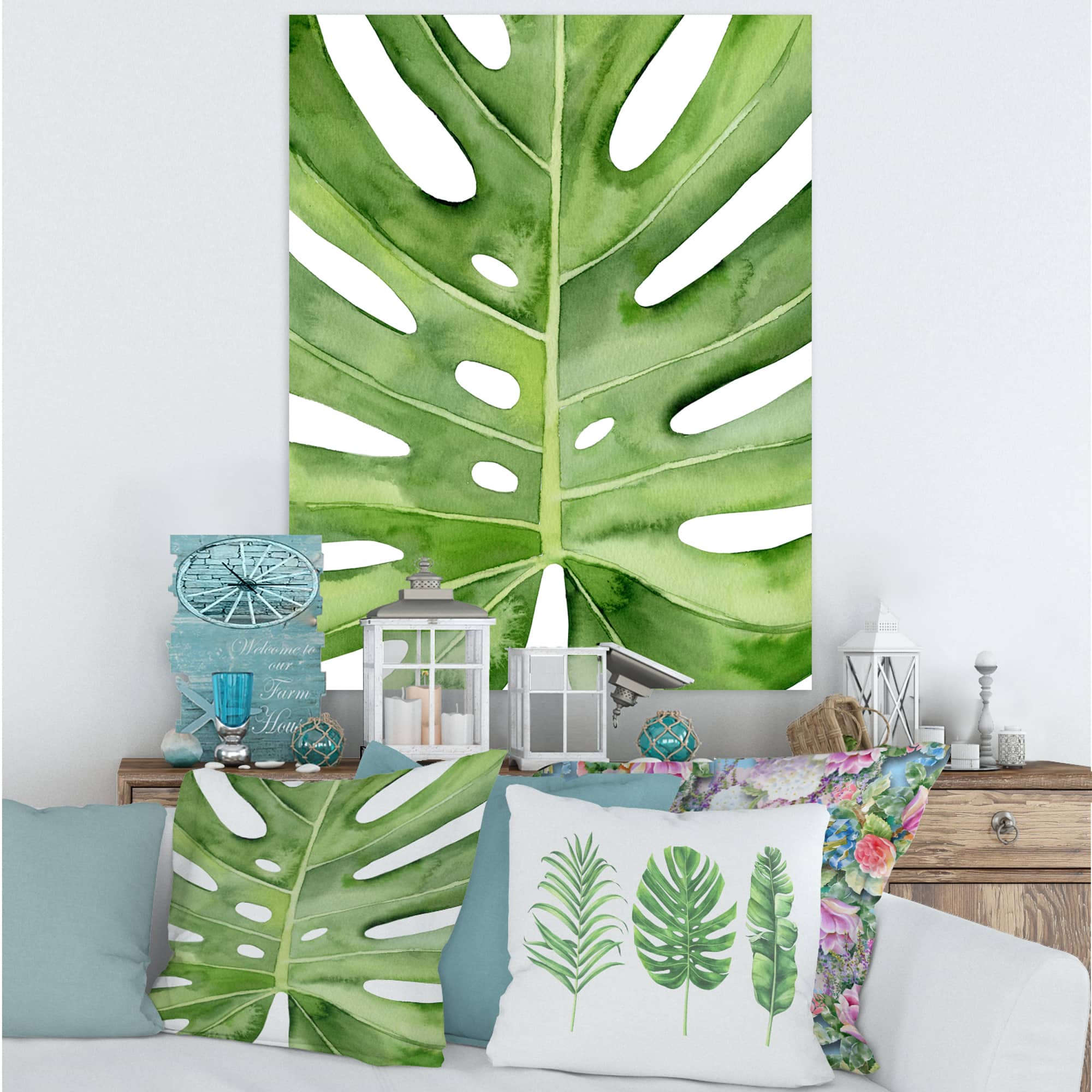 Designart - Green Monstera Leaf Tropical Palm Botanical Detail - Tropical Canvas Wall Art Print