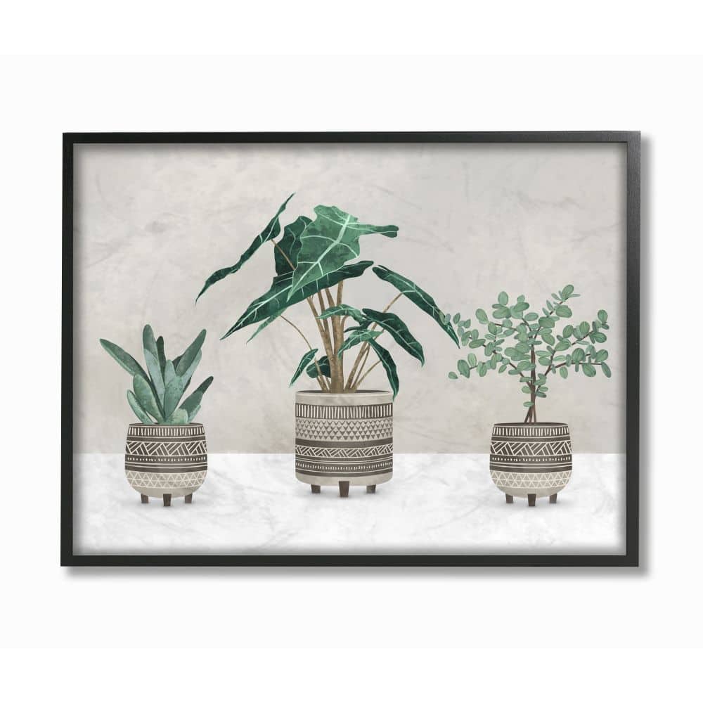 Stupell Industries Plants In Patterned Pots Neutral Grey Design in Black Frame Wall Art