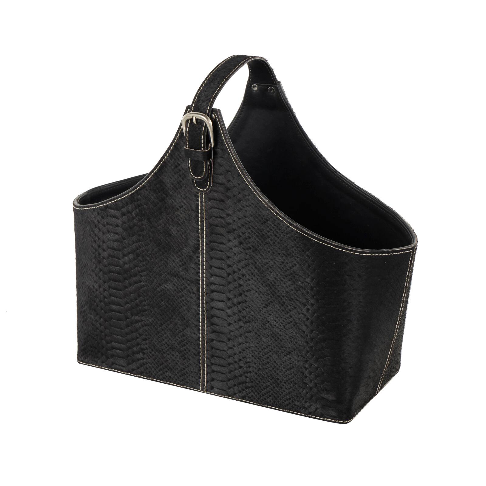 17" Black Leather Handmade Box Style Decorative Magazine Holder with Detail Stitching & Curved Buckle Handles