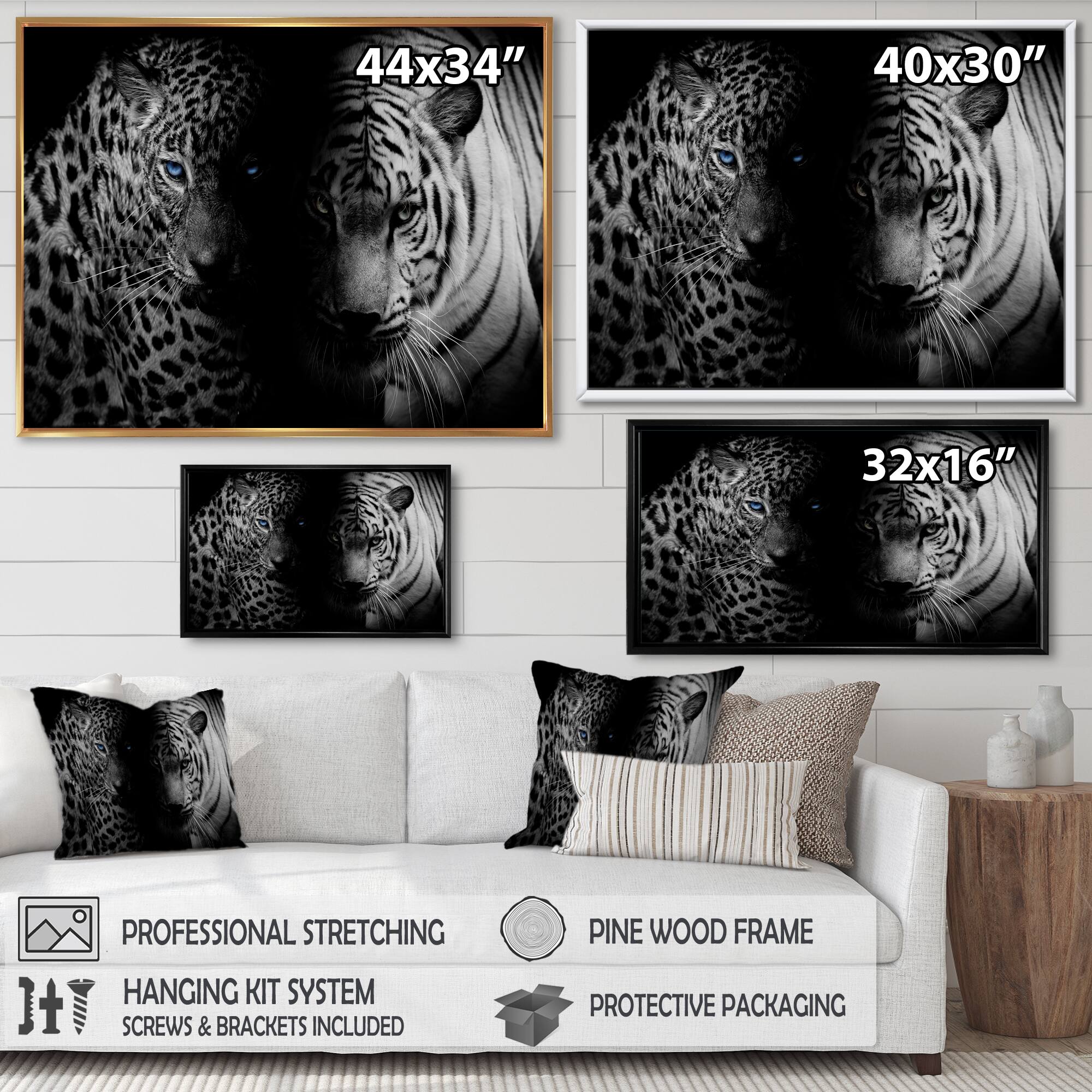 Designart - Leopard and Tiger in Black - Animal Framed Canvas Art Print
