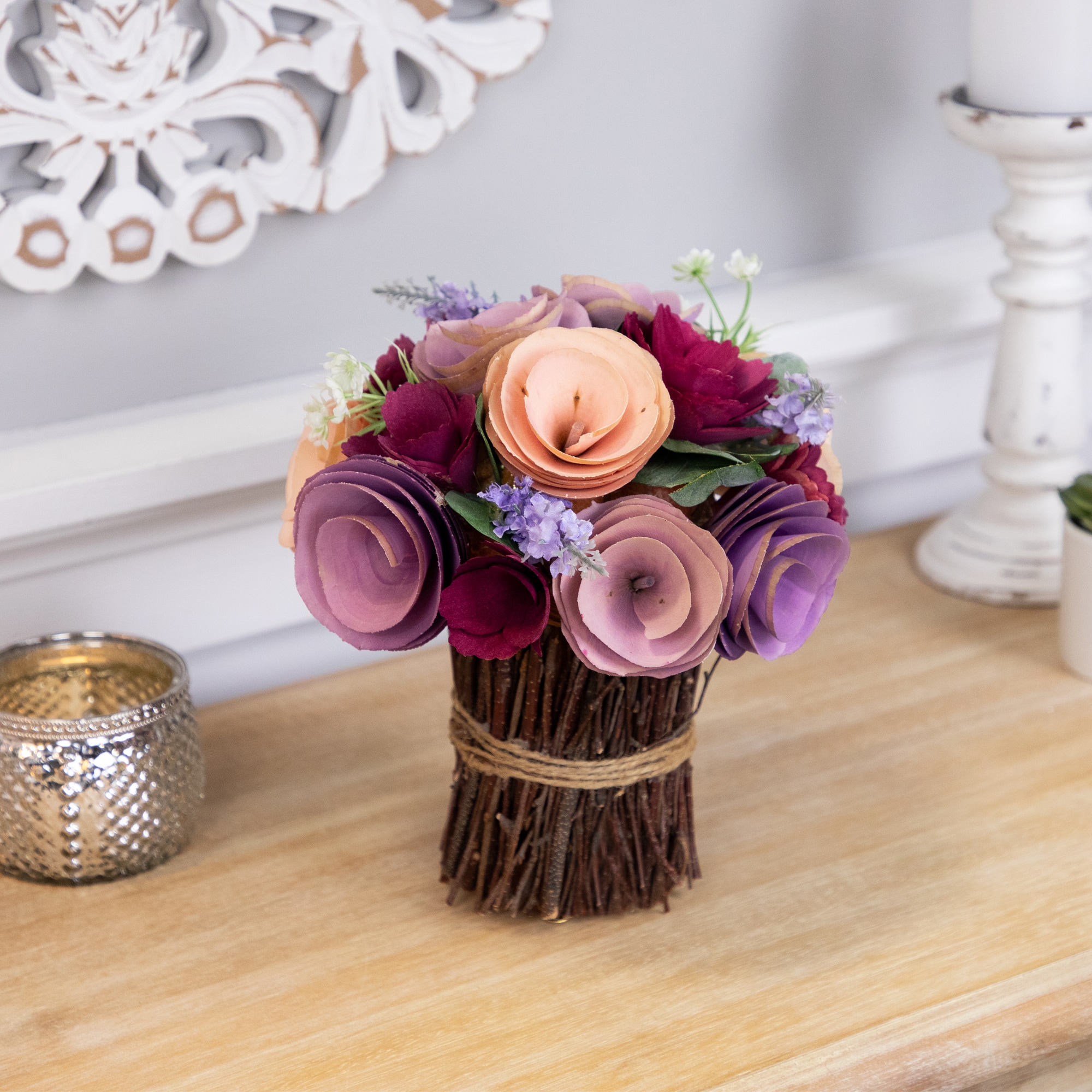 9.5" Wine Red & Purple Wooden Floral Artificial Spring Bouquet