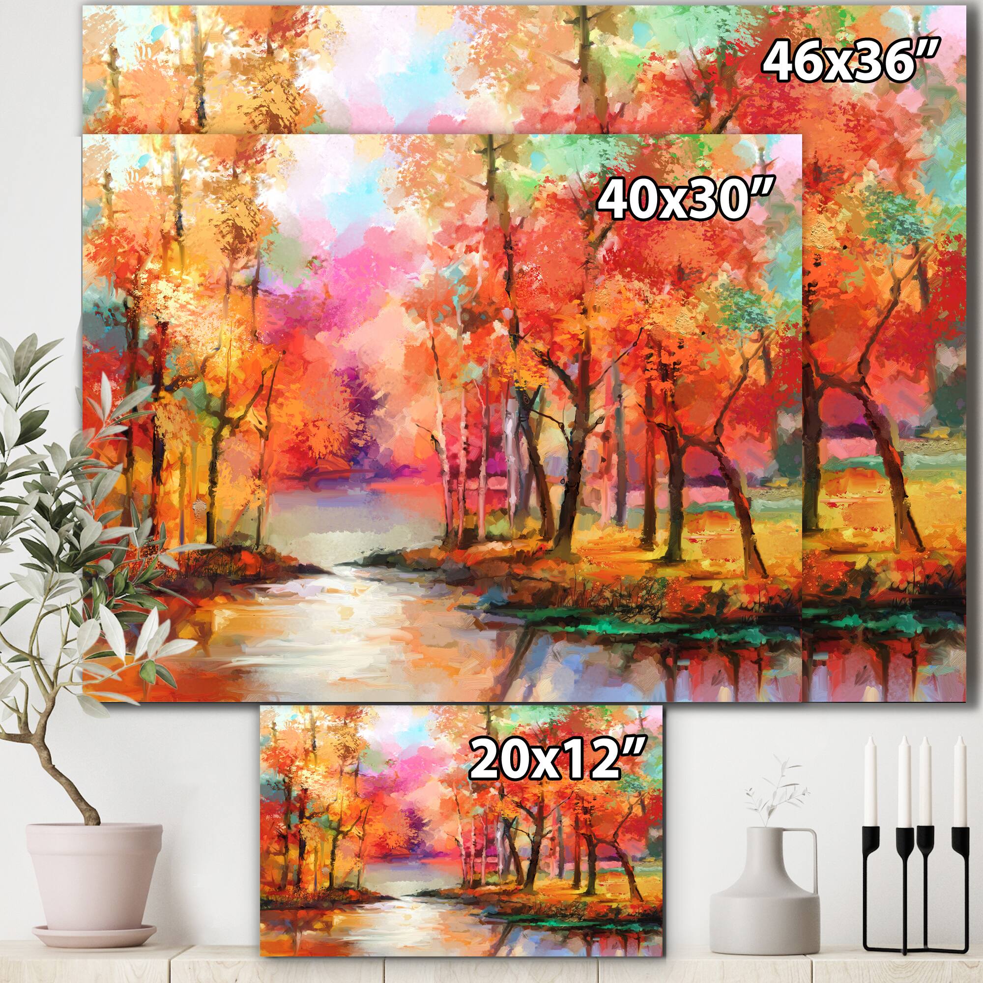 Designart - Autumn Aspen Trees In Red Leaf Forest By Lake