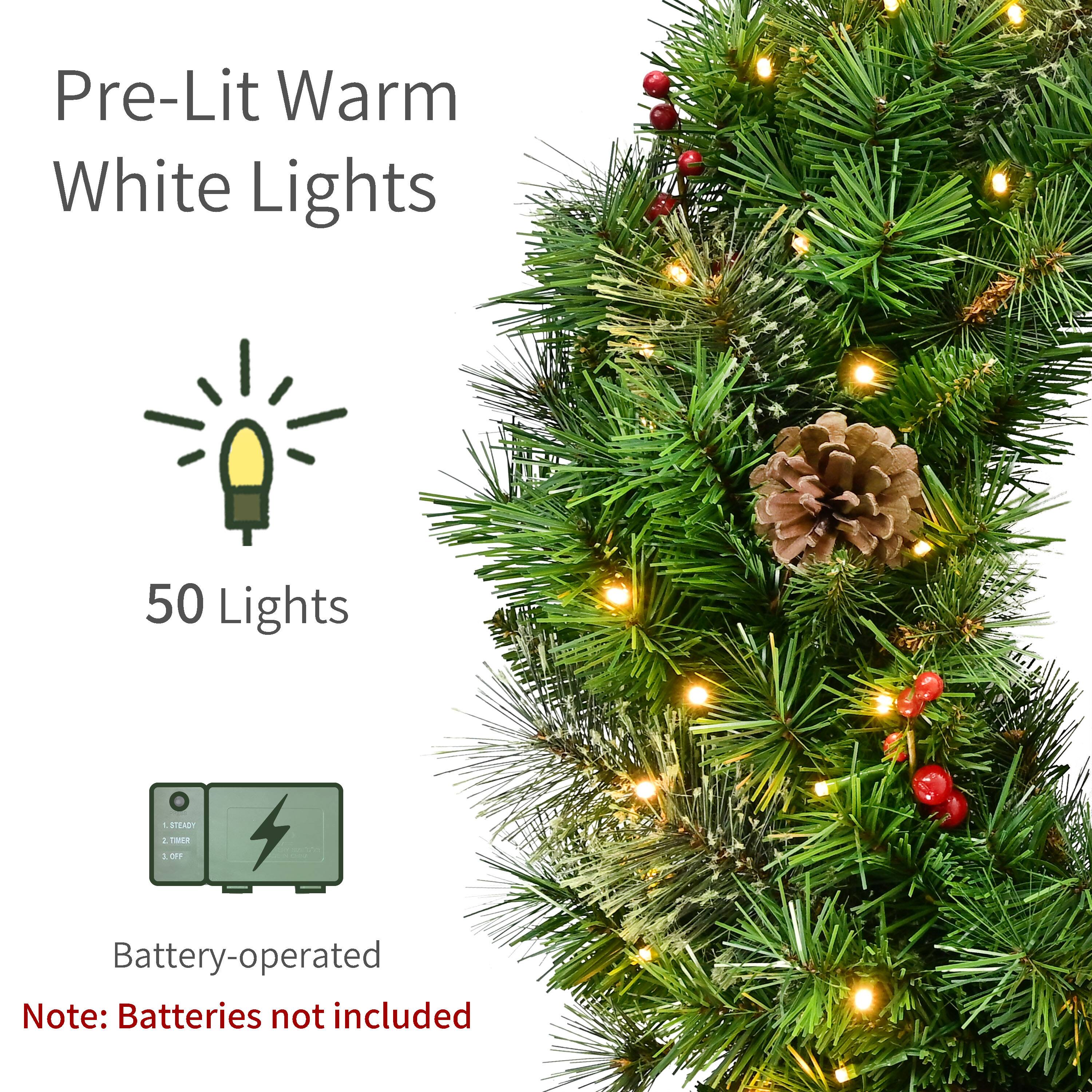 Puleo International 24" Pre-Lit Pine with Pinecones & Red Berries Artificial Wreath