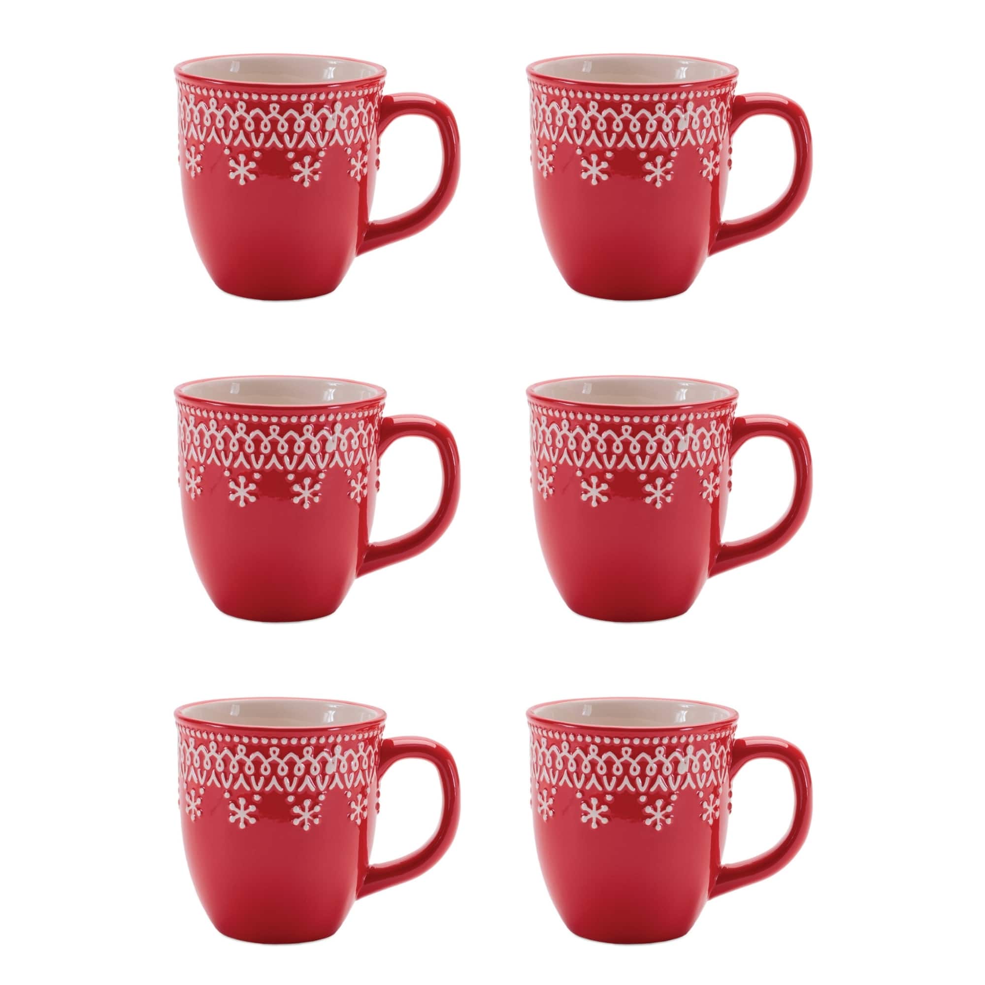 Melrose 4.75" Red & White Embossed Ceramic Snowflake Mugs, 6ct.