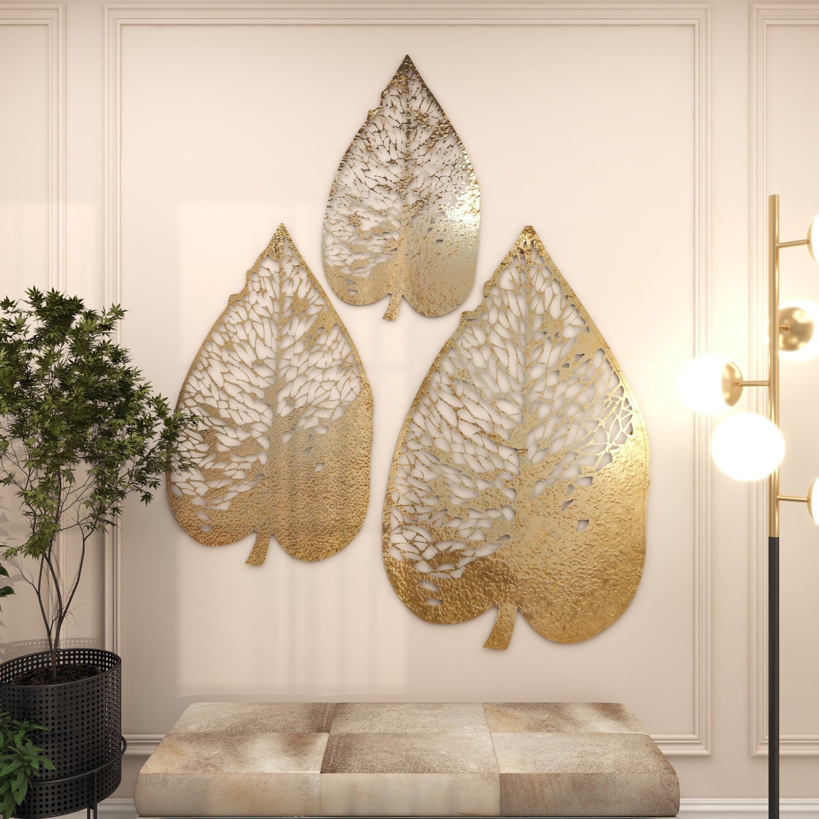 Laser-Cut Gold Metal Leaf Wall Décor Set
