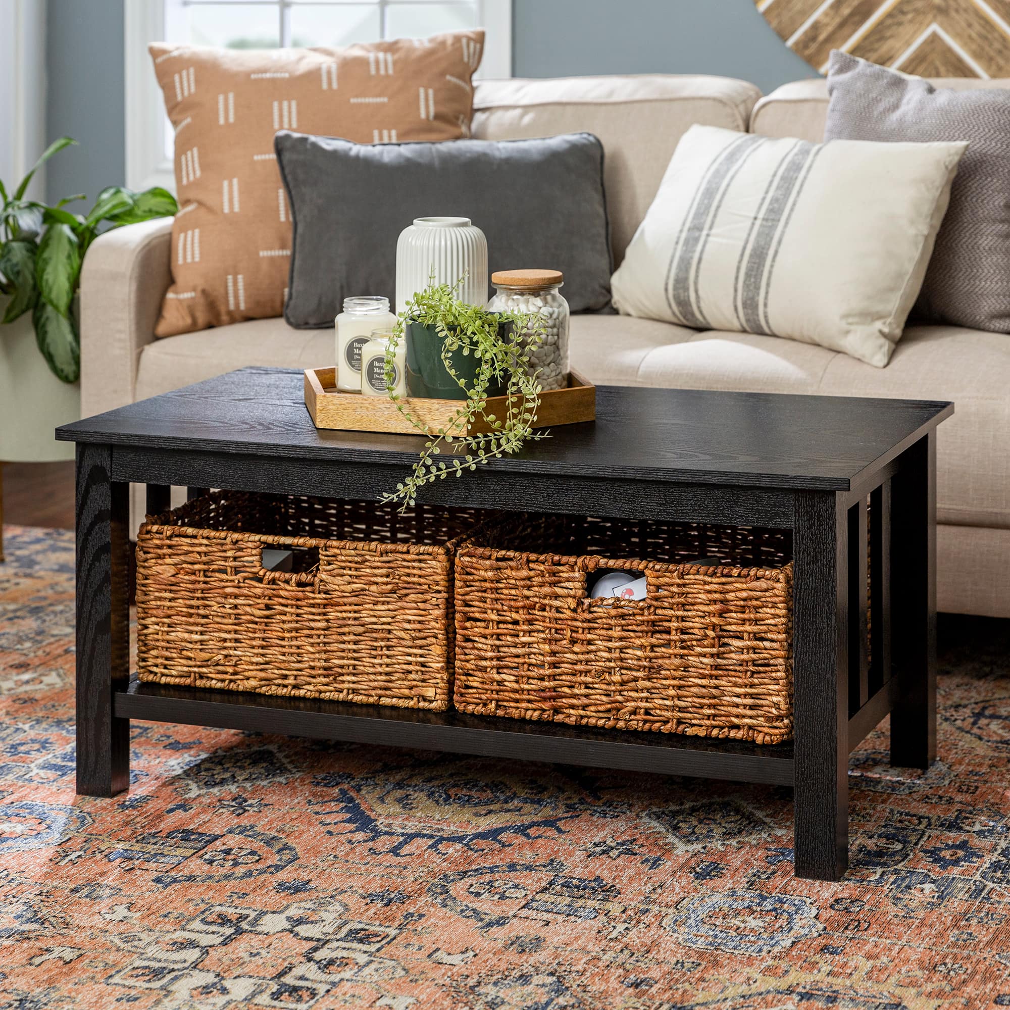 Walker Edison 40" Black Mission Storage Coffee Table with Baskets