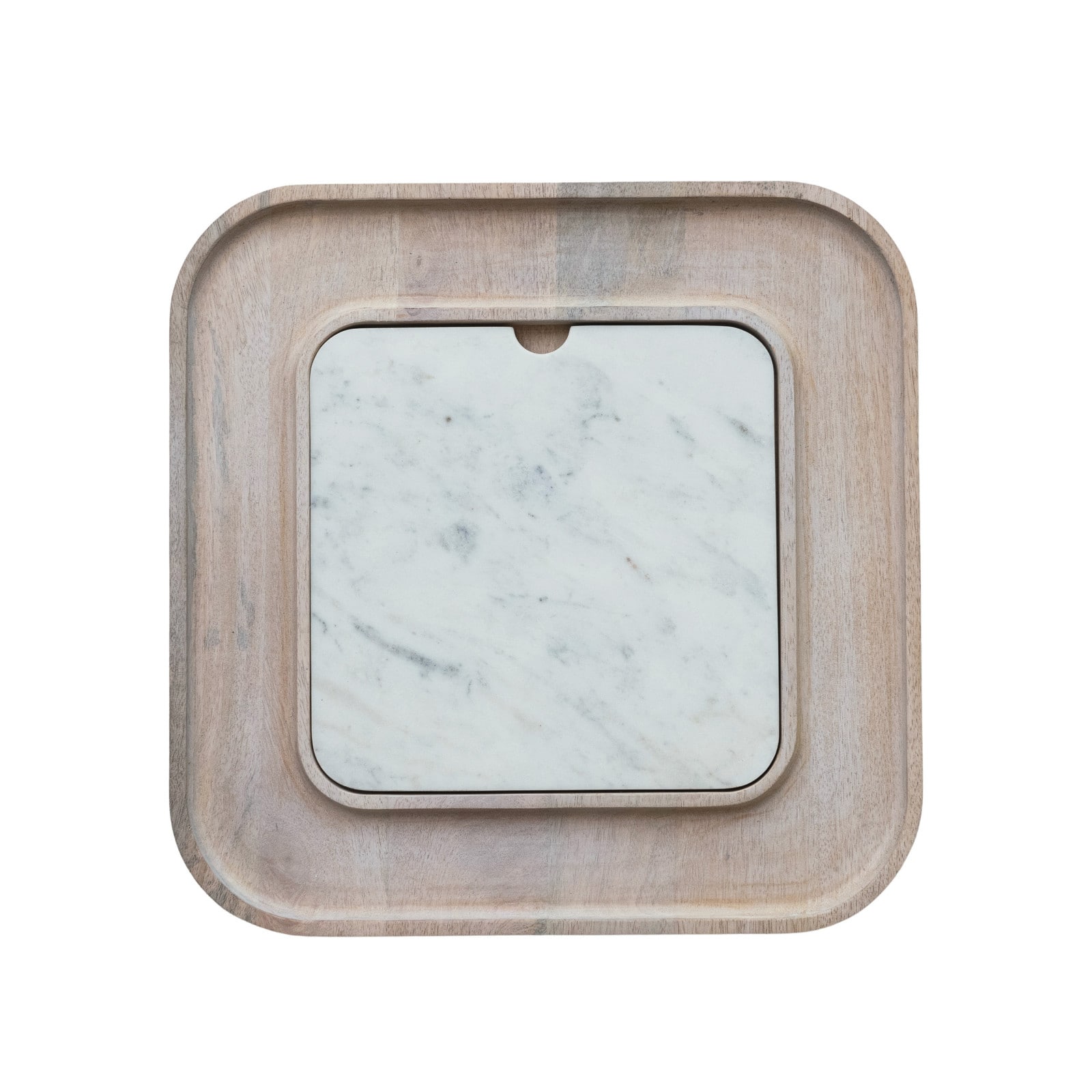 Hello Honey® 13.5" White Marble & Wood Cutting Board on a Dish