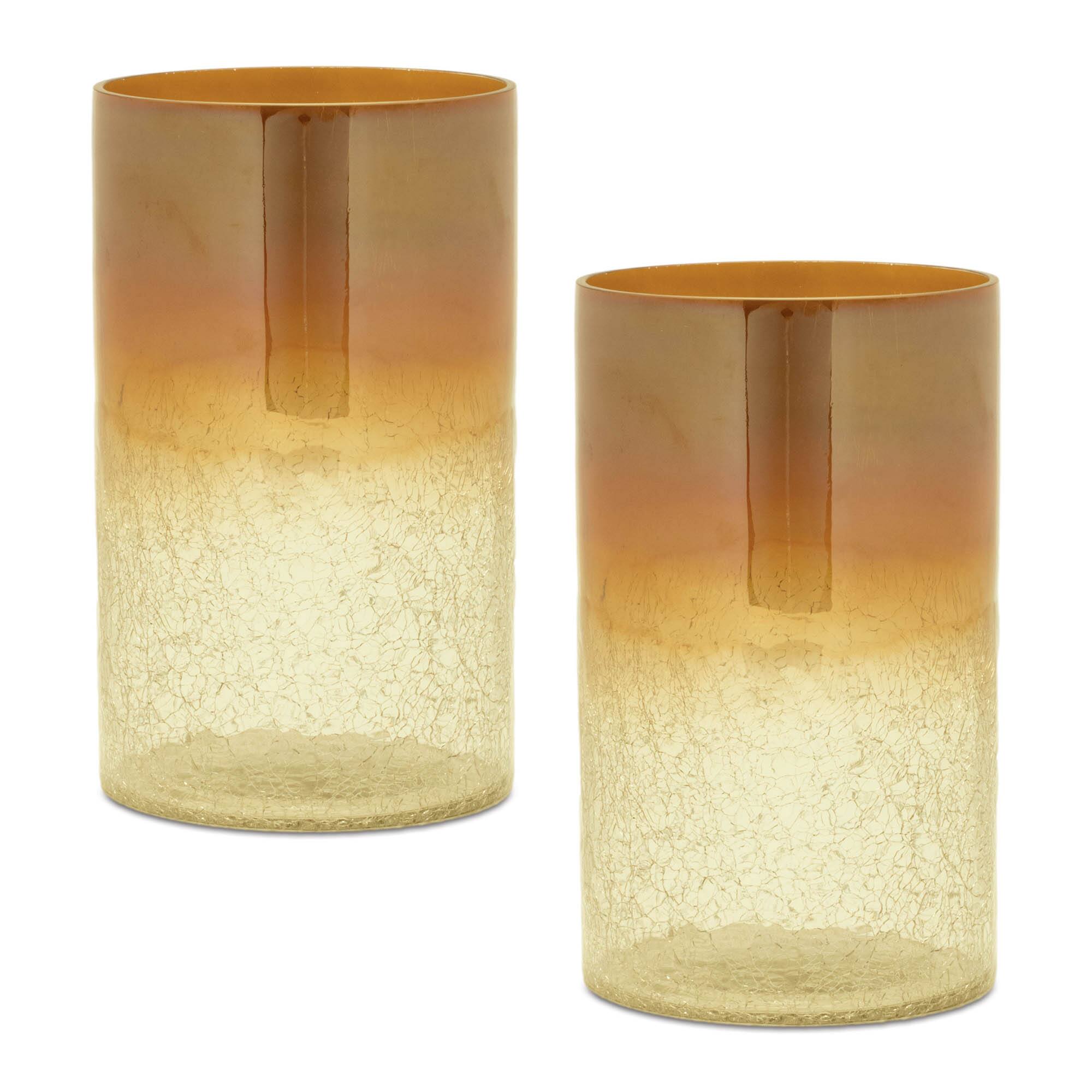 7.75" Gold & Orange Ombre Crackle Glass Candle Holders