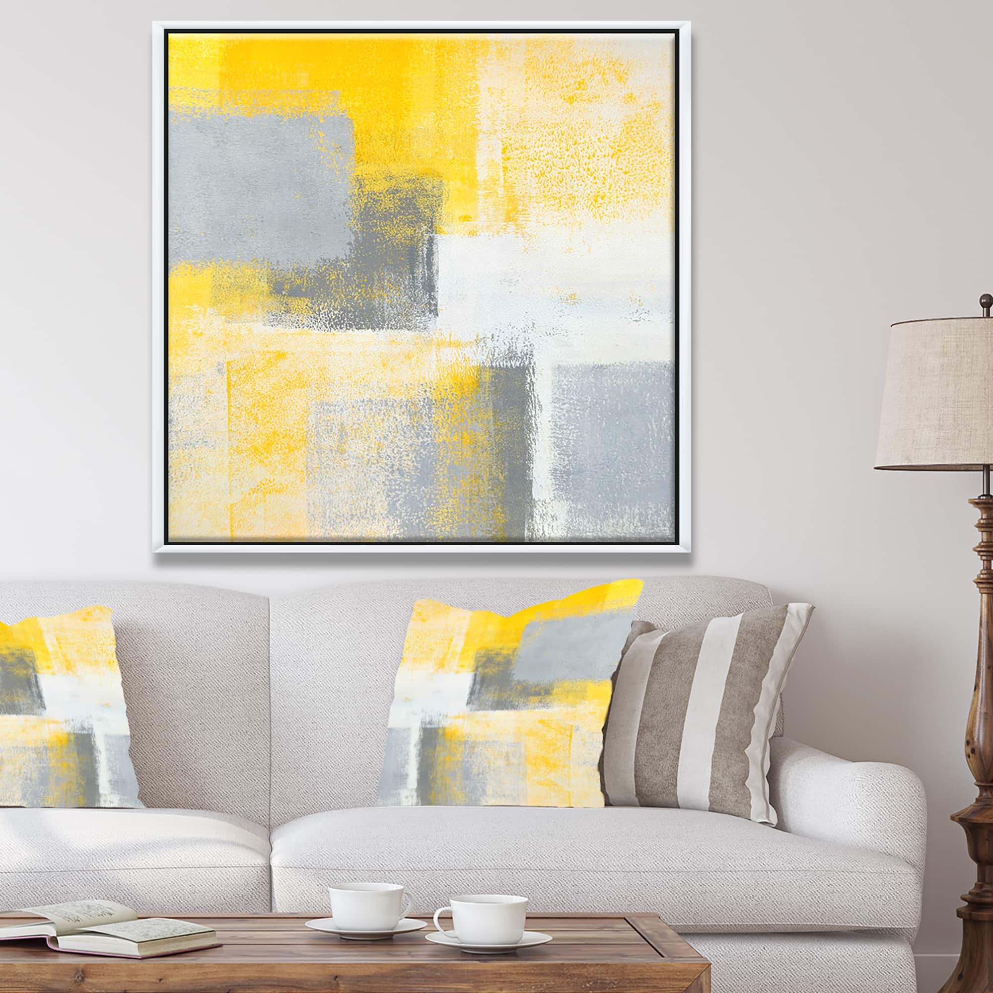 Designart - Grey and Yellow Blue Abstract IXX - Modern Framed Canvas Wall Art Print