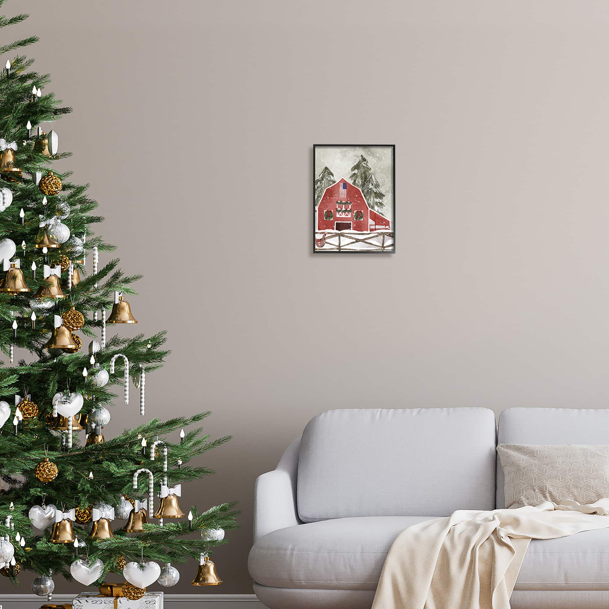 Stupell Industries Americana Barn Holiday Snow Scene Framed Giclee Art