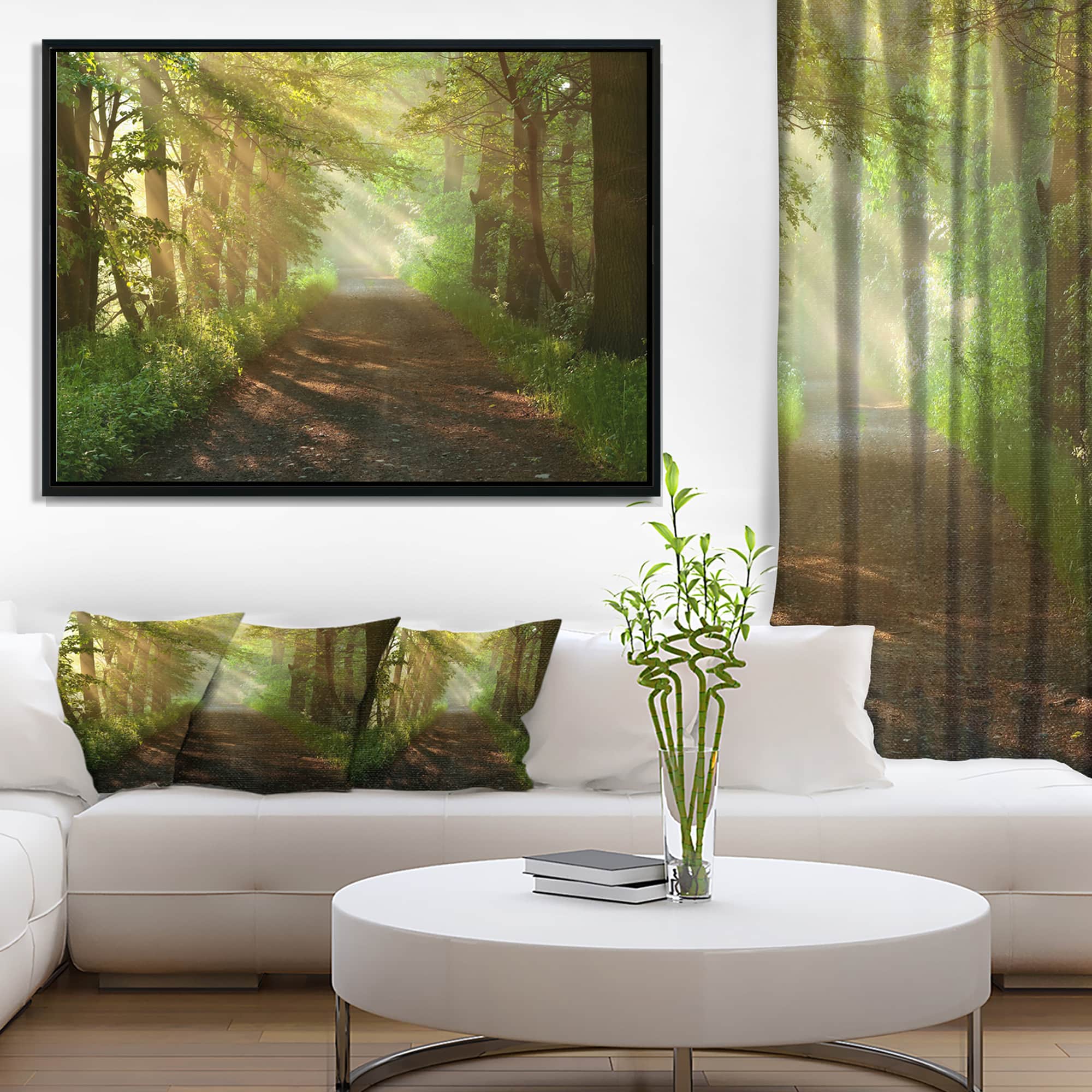 Designart - Suns Peeks into Forest - Landscape Photography Canvas Print in Black Frame