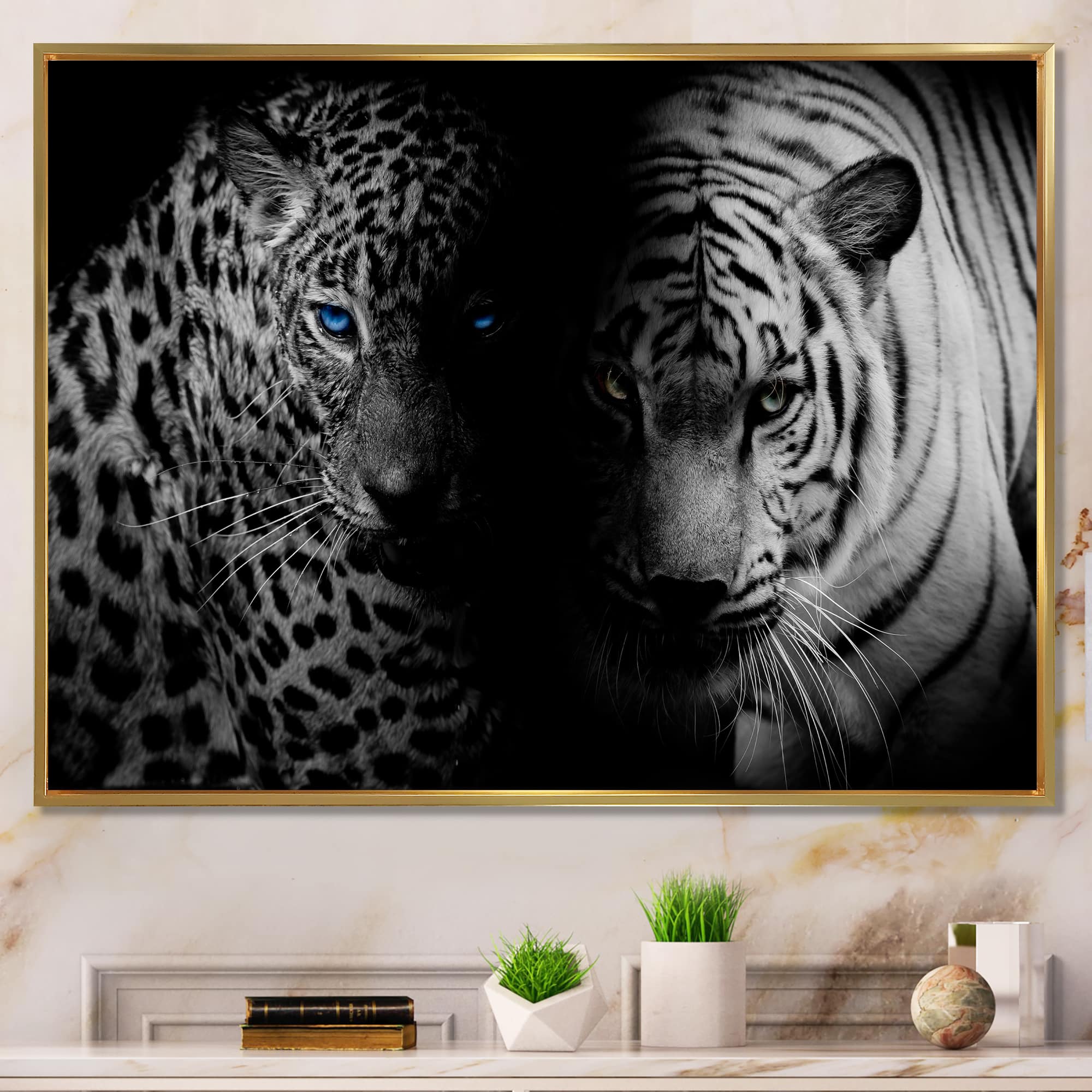 Designart - Leopard and Tiger in Black - Animal Framed Canvas Art Print