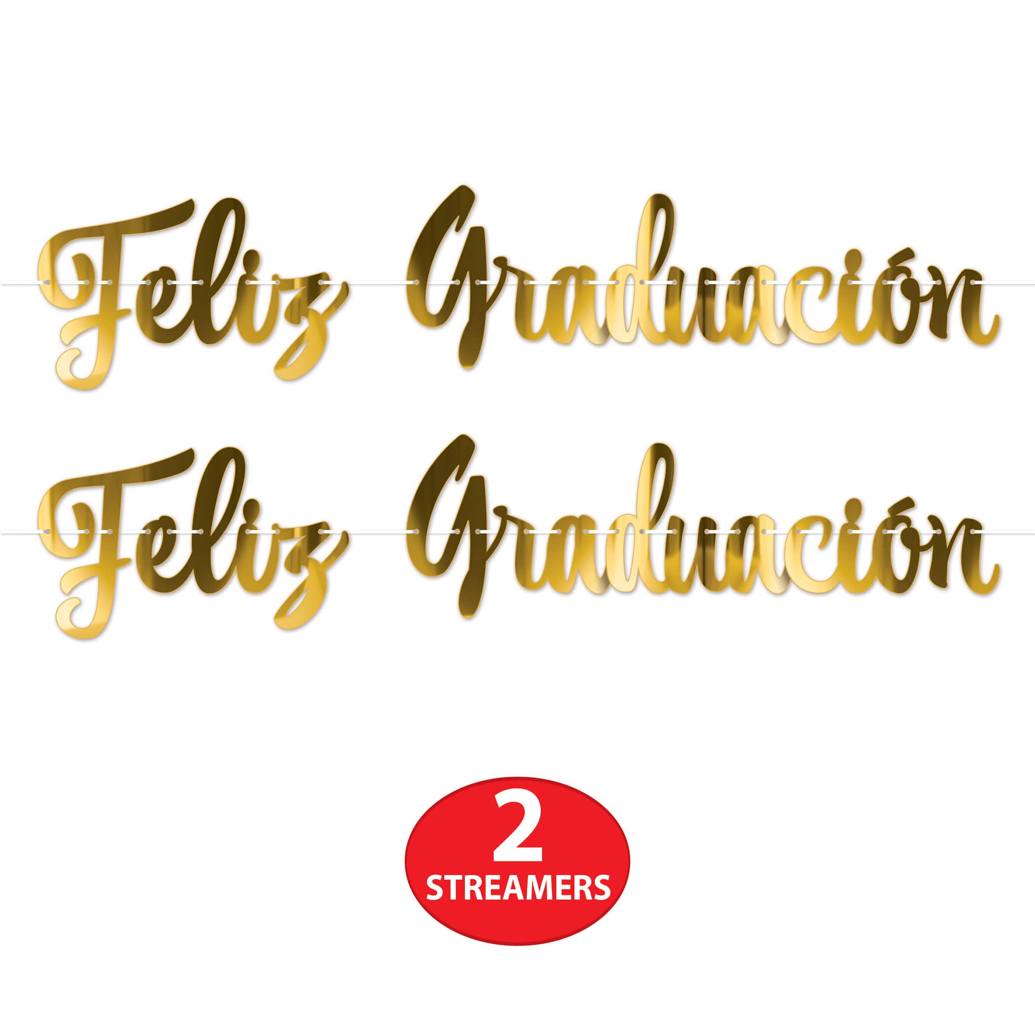 Beistle 4.25ft. Gold Foil Feliz Graduación Streamers, 2ct.