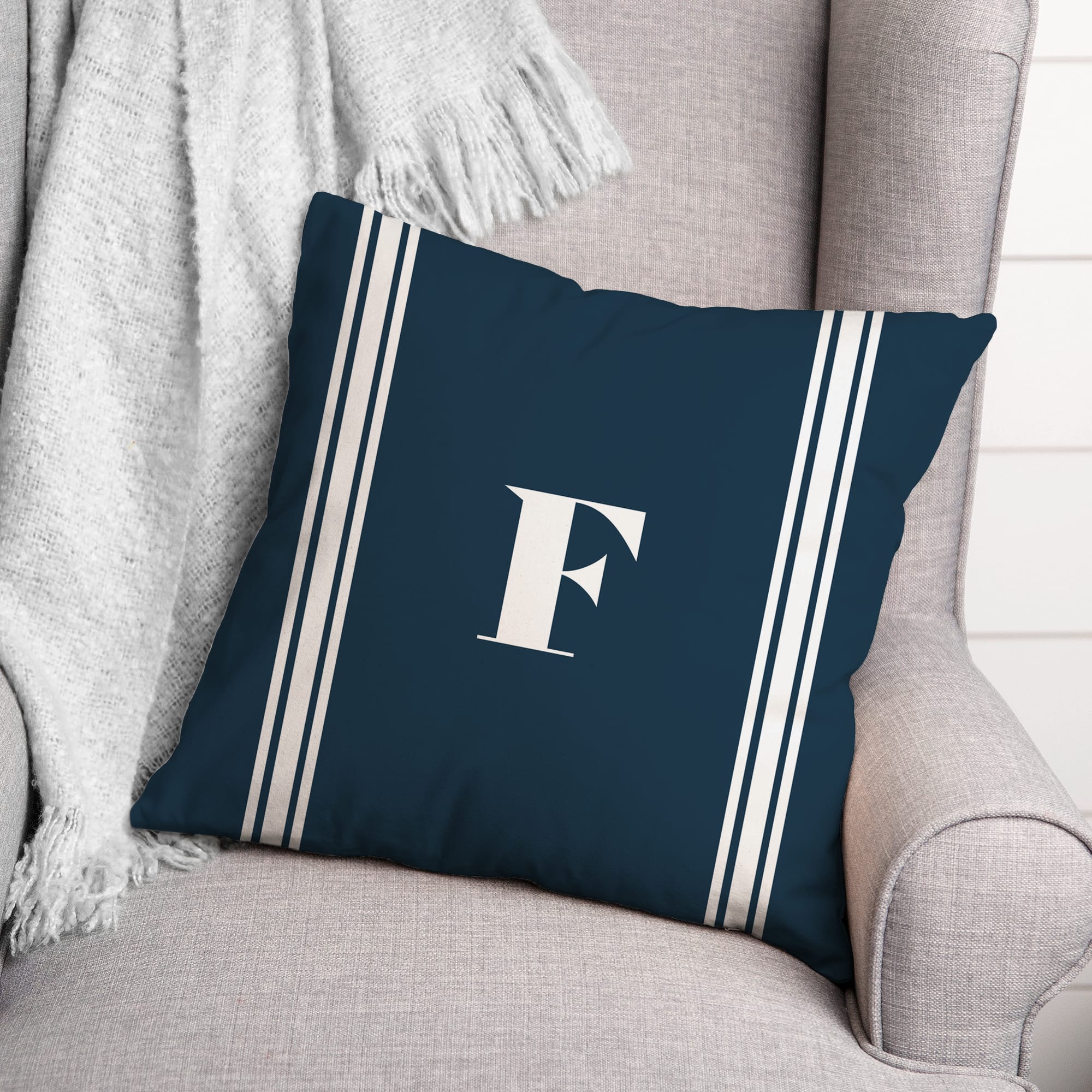 Navy Striped Monogram Throw Pillow