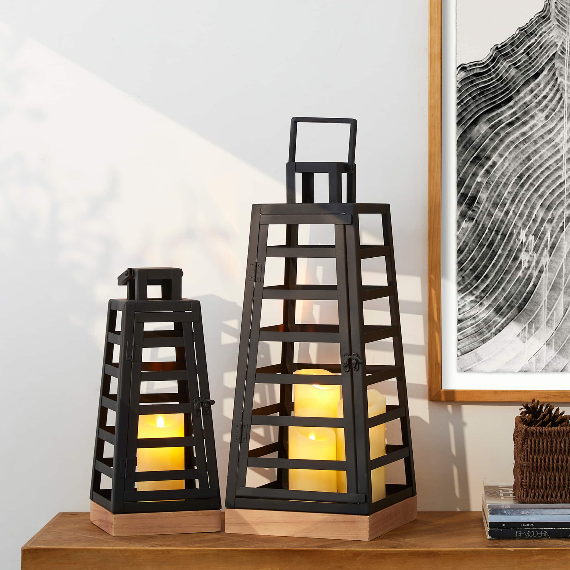 Glitzhome® Black Modern Trapezoid Metal & Wood Lanterns Set