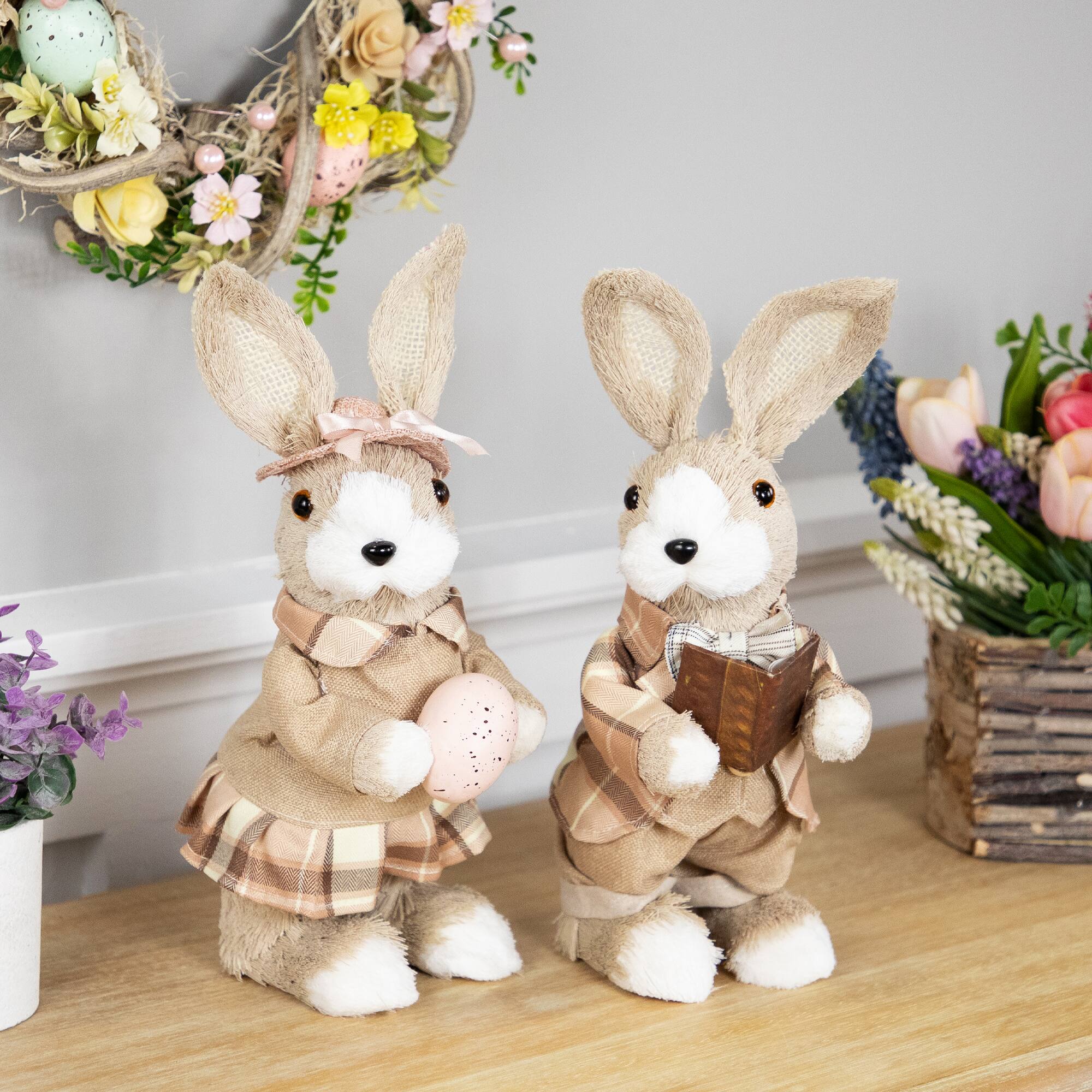 12" Beige Girl Easter Rabbit Figurine with Plaid Dress
