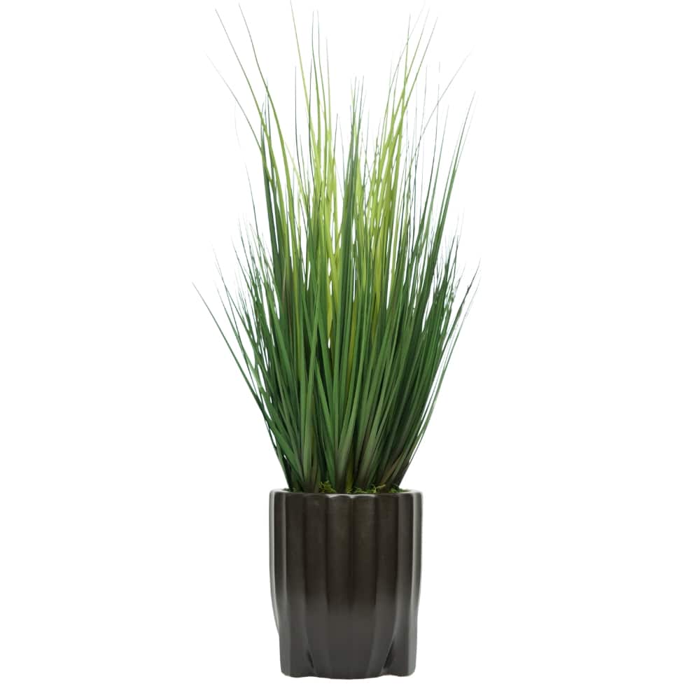 House of Silk Flowers 30" Faux Ornamental Onion Grass in Matte Black Fluted Tripod Cylindrical Ceramic Pot