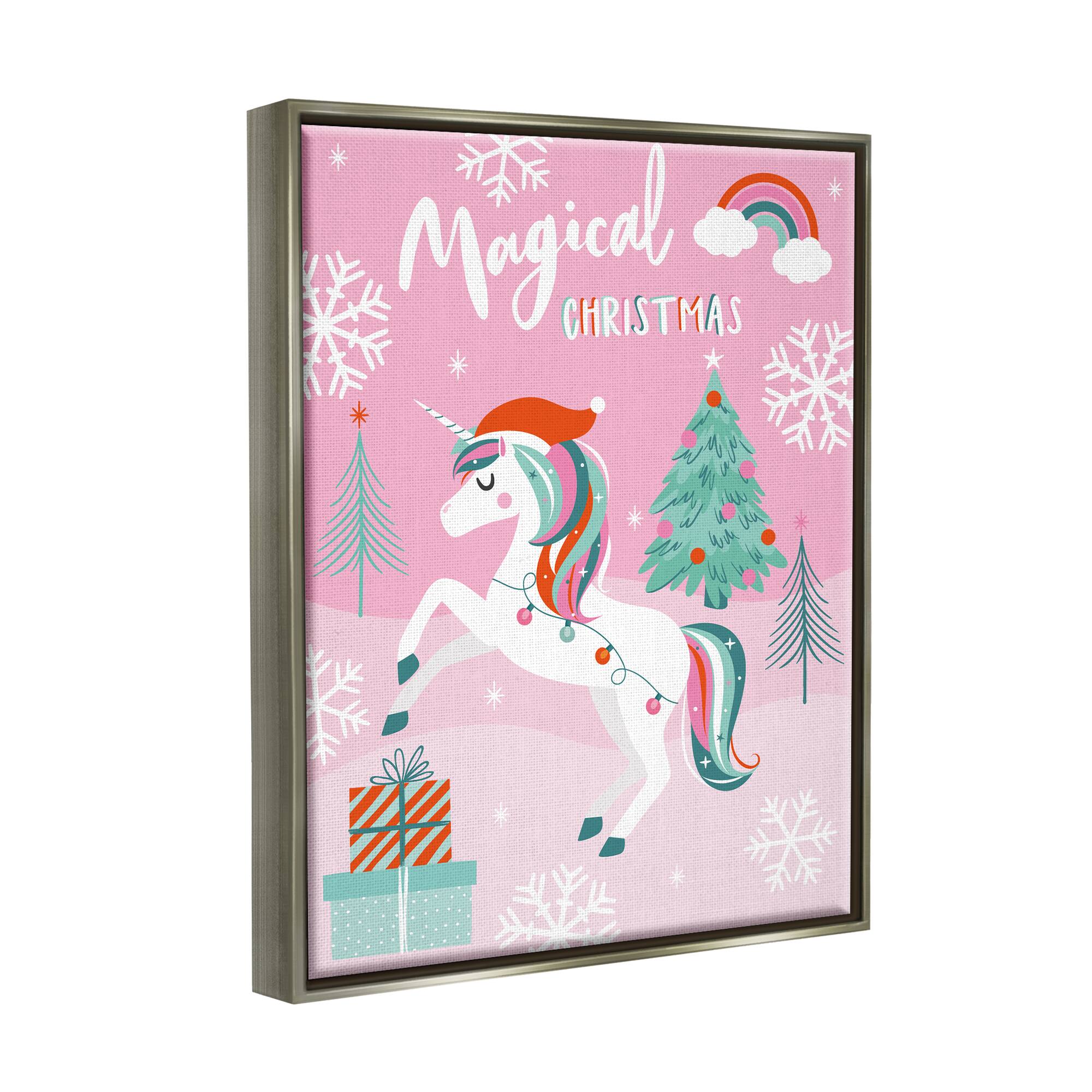 Stupell Industries Magical Christmas Pink Unicorn Framed Floater Canvas Wall Art