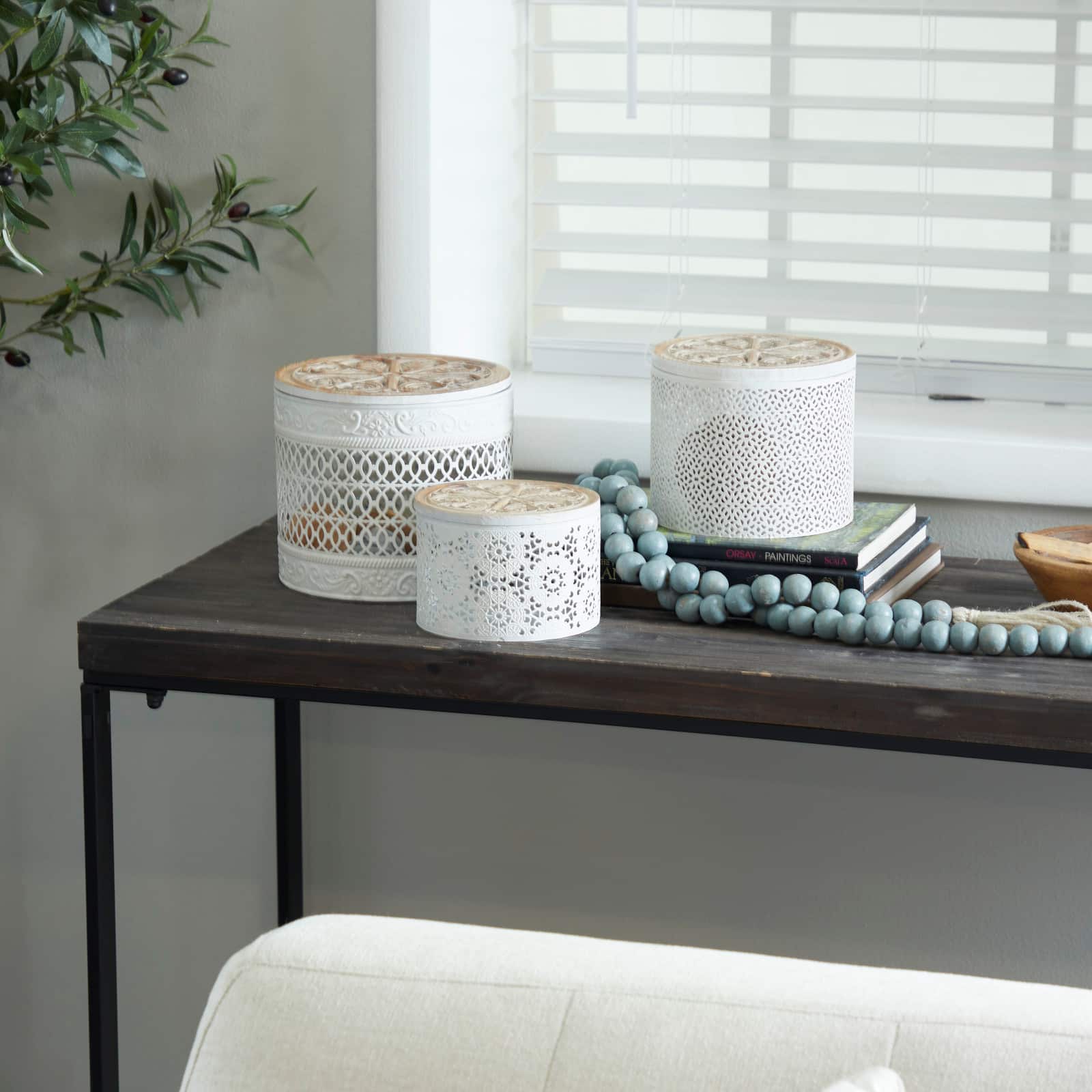 White Metal Laser Cut Metal Decorative Jars with Carved Wood Lids Set