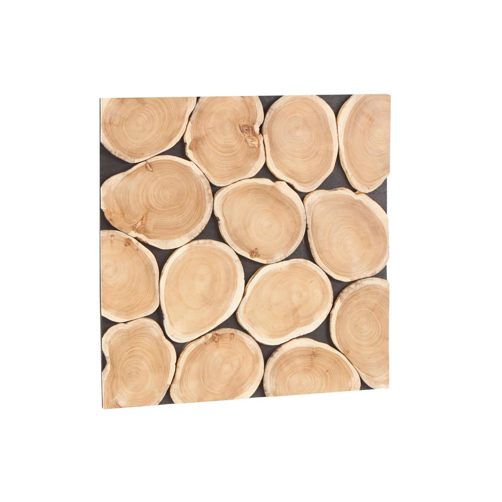 24" x 24" Brown Teak Wood Abstract Handmade Round Mosaic Inspired Wood Slab with Black Backing Wall Décor