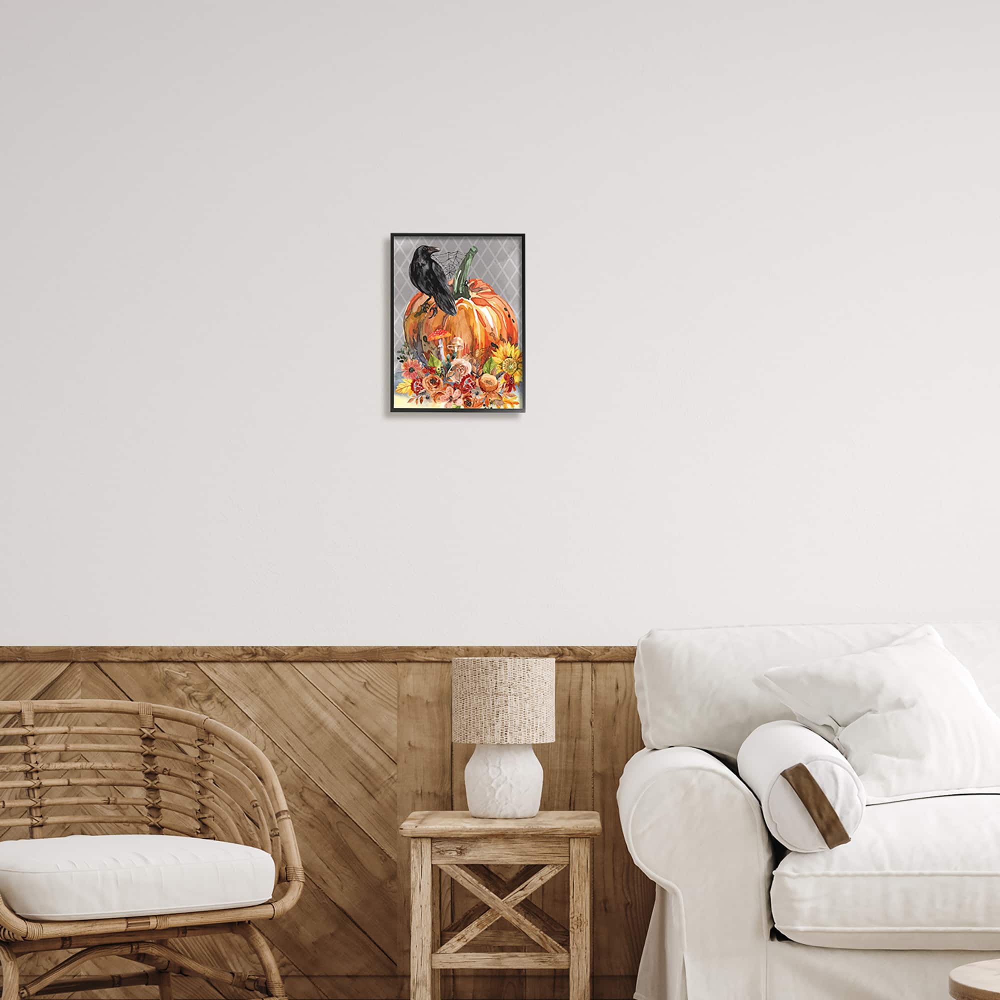 Stupell Industries Autumn Crow Pumpkin Botanicals Framed Giclee Art