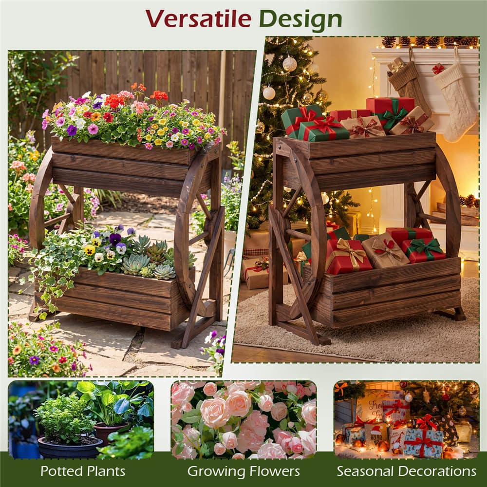 Costway 22" x 13" x 22" 2-Tier Rustic Wood Wagon Planter with Drainage Semi-Wheels Set
