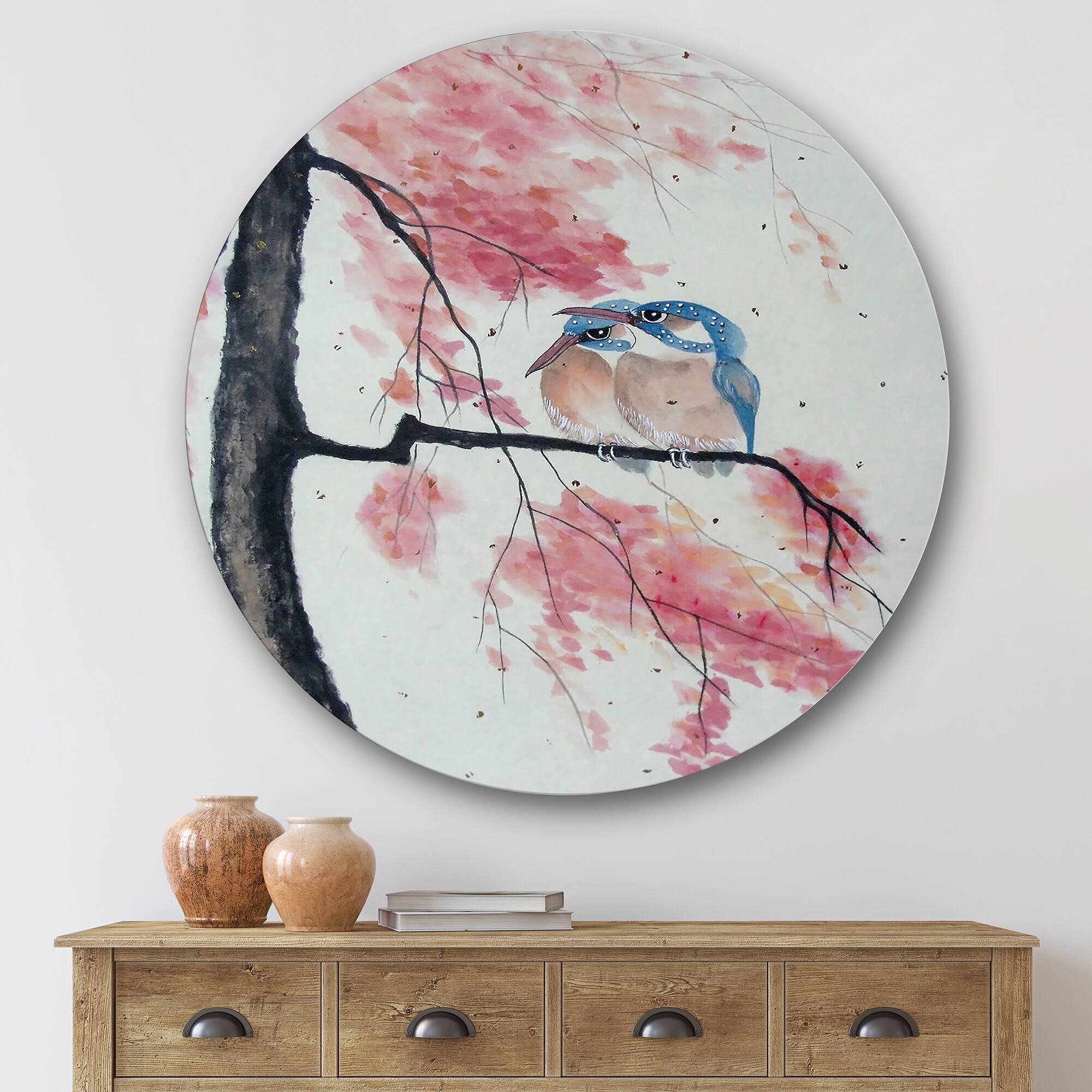 Designart - Two Kingfisher Birds Sit On A Flowering Branch - Traditional Metal Circle Wall Art