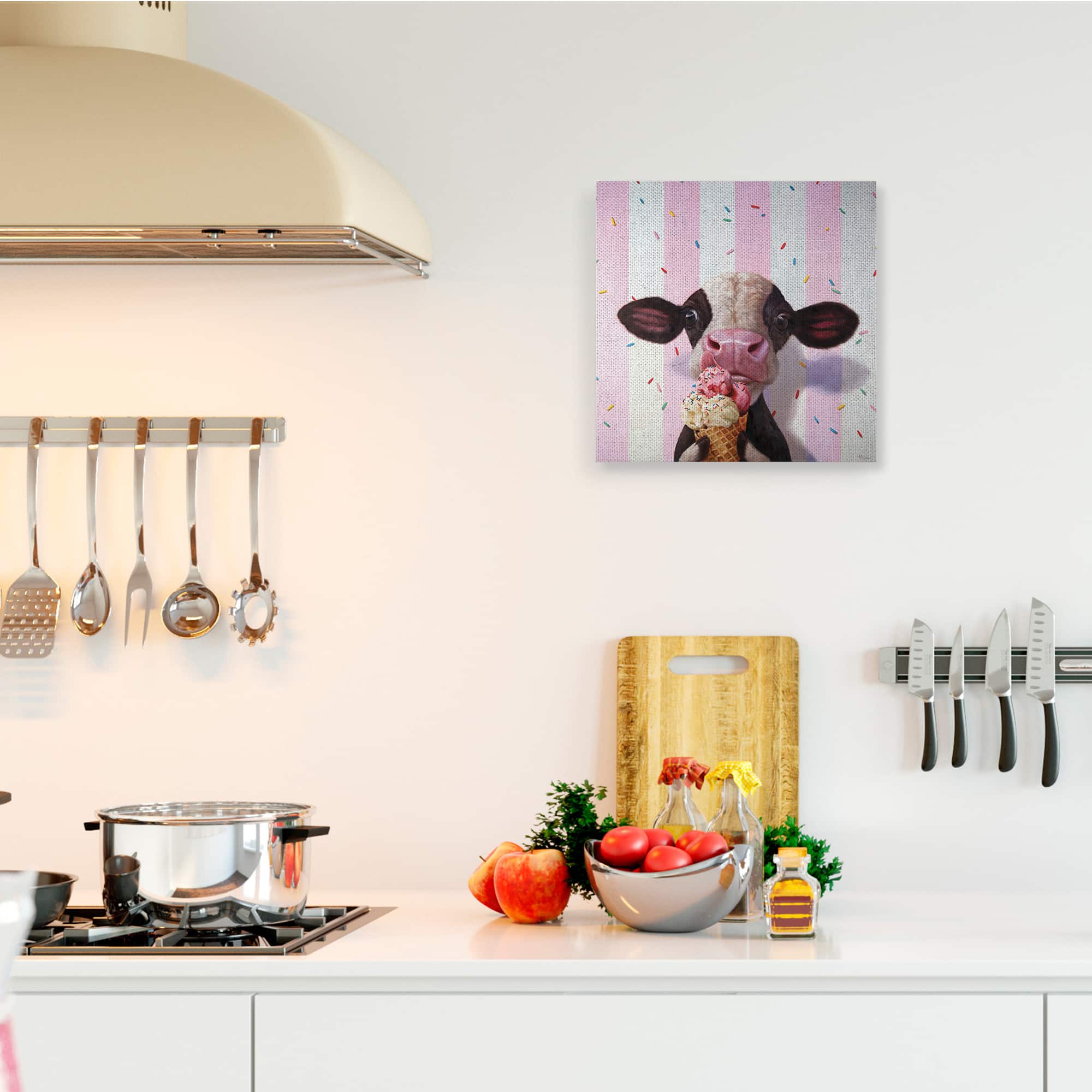 Stupell Industries Cute Baby Cow with Ice Cream Cone Pink Stripes Canvas Wall Art