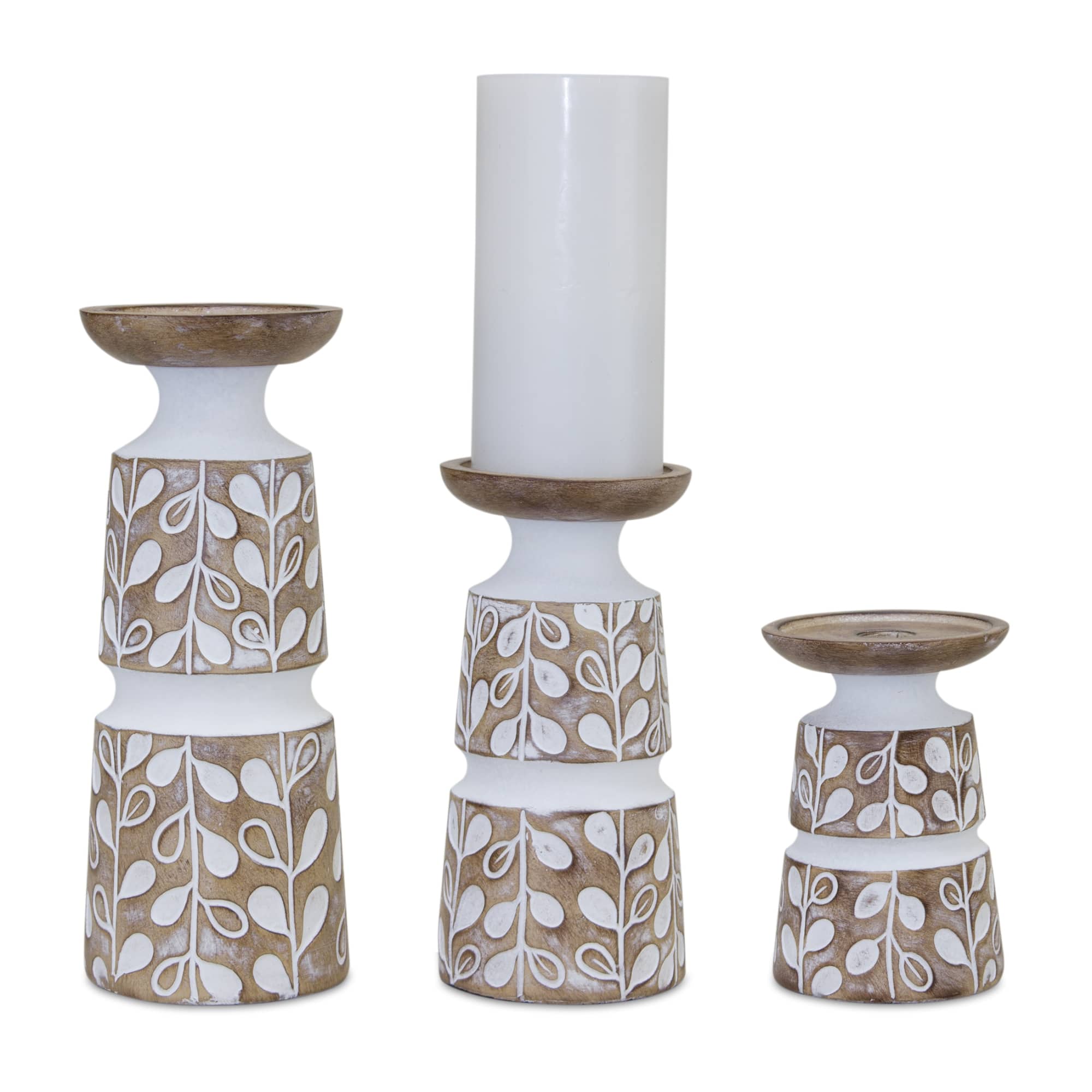 Leaf Pattern Candle Holder with Wood Design Set