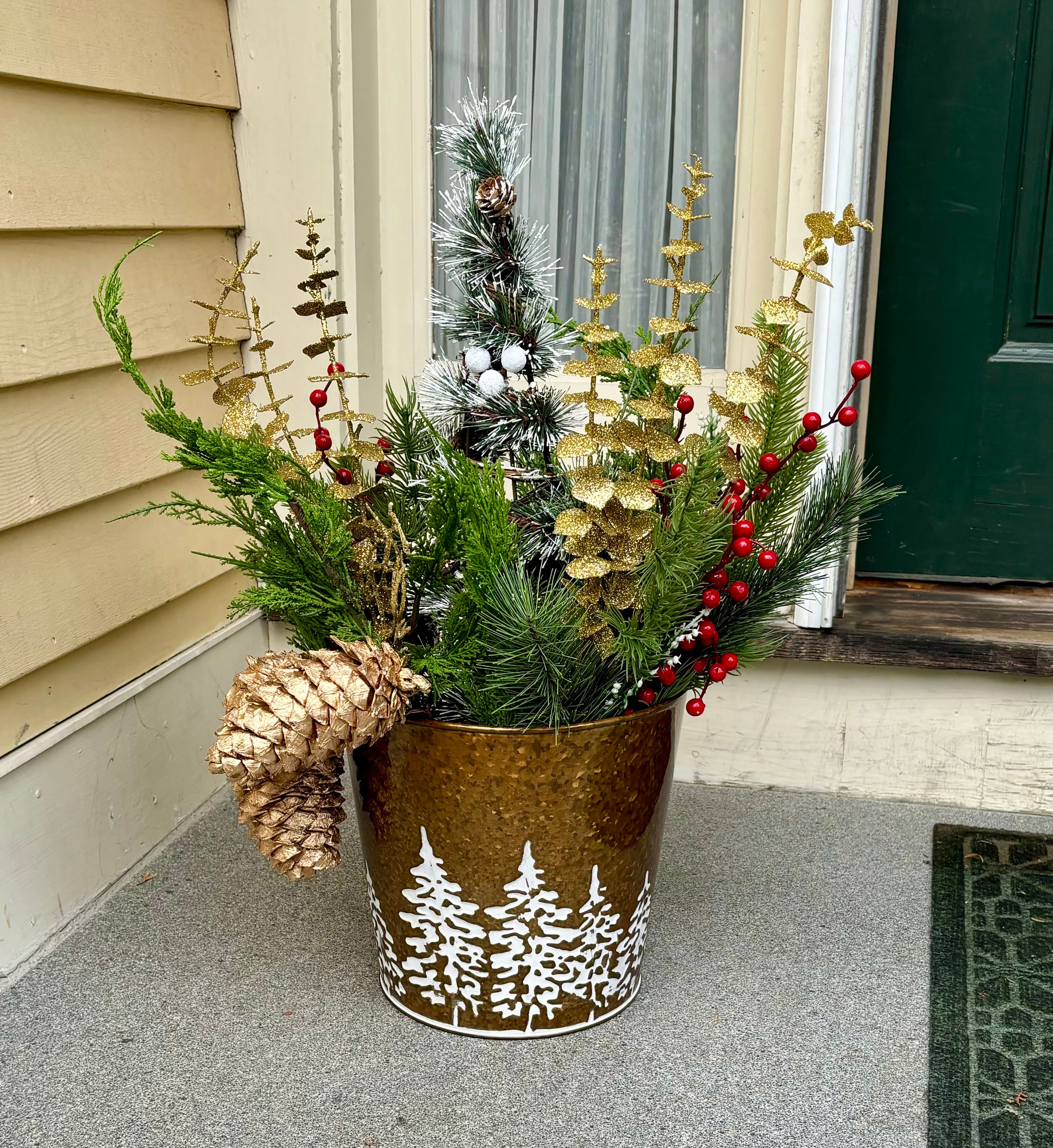 Gold & White Christmas Planter Bucket with Tree Design