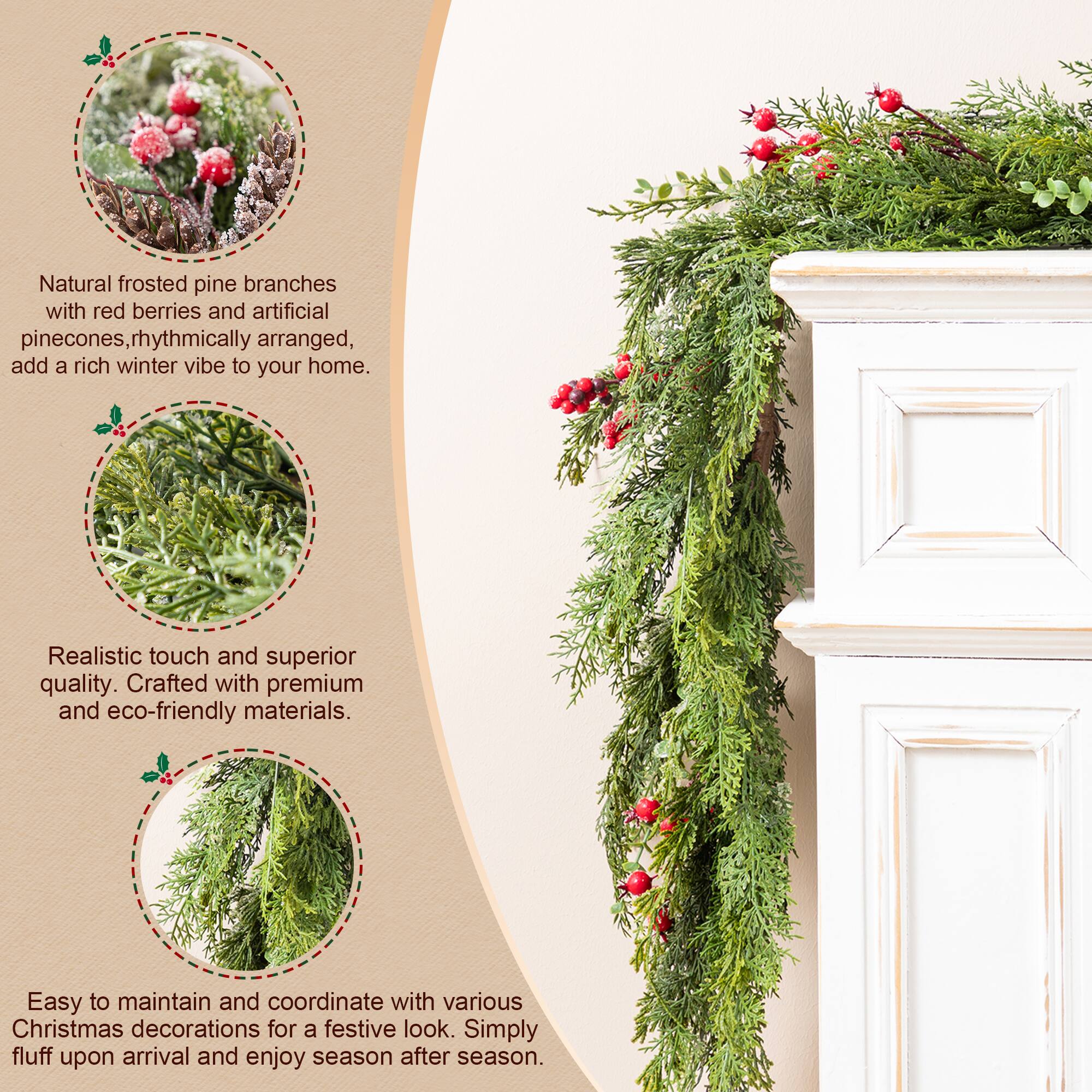 Glitzhome® 9ft. Christmas Greenery Frosted PE Dripping Garland with Pinecones & Red Berries