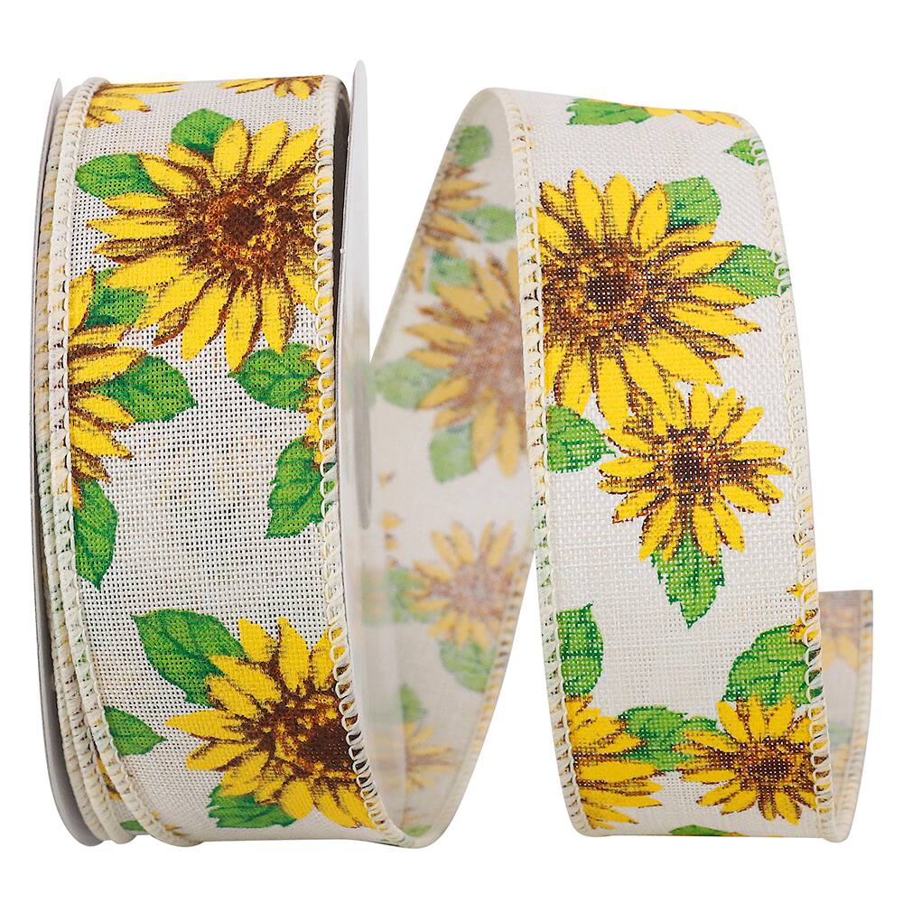Reliant 1.5" x 20yd. Linen Wired Sunflowers All Around Ribbon