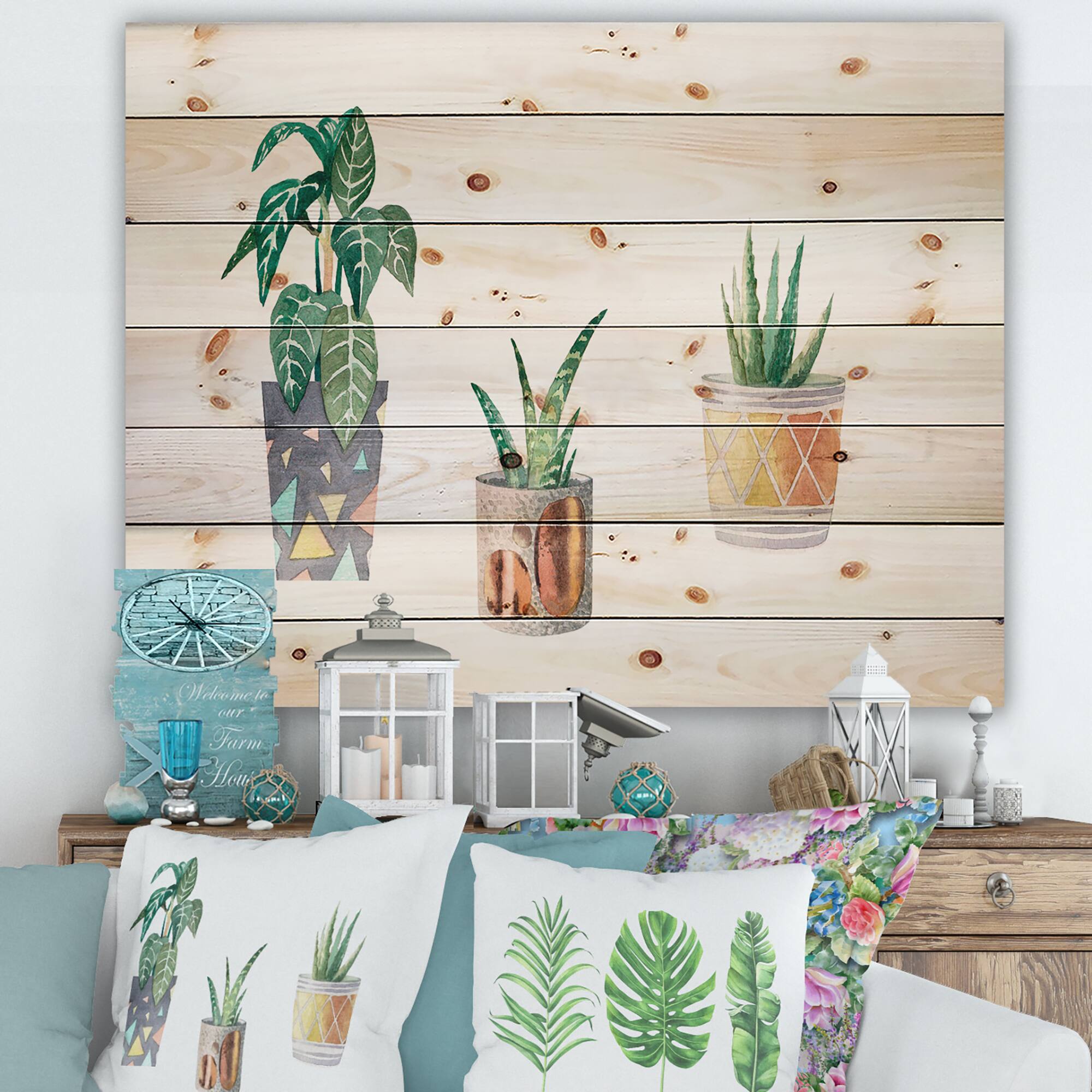 Designart - Three Potted Houseplants - Traditional Print on Natural Pine Wood