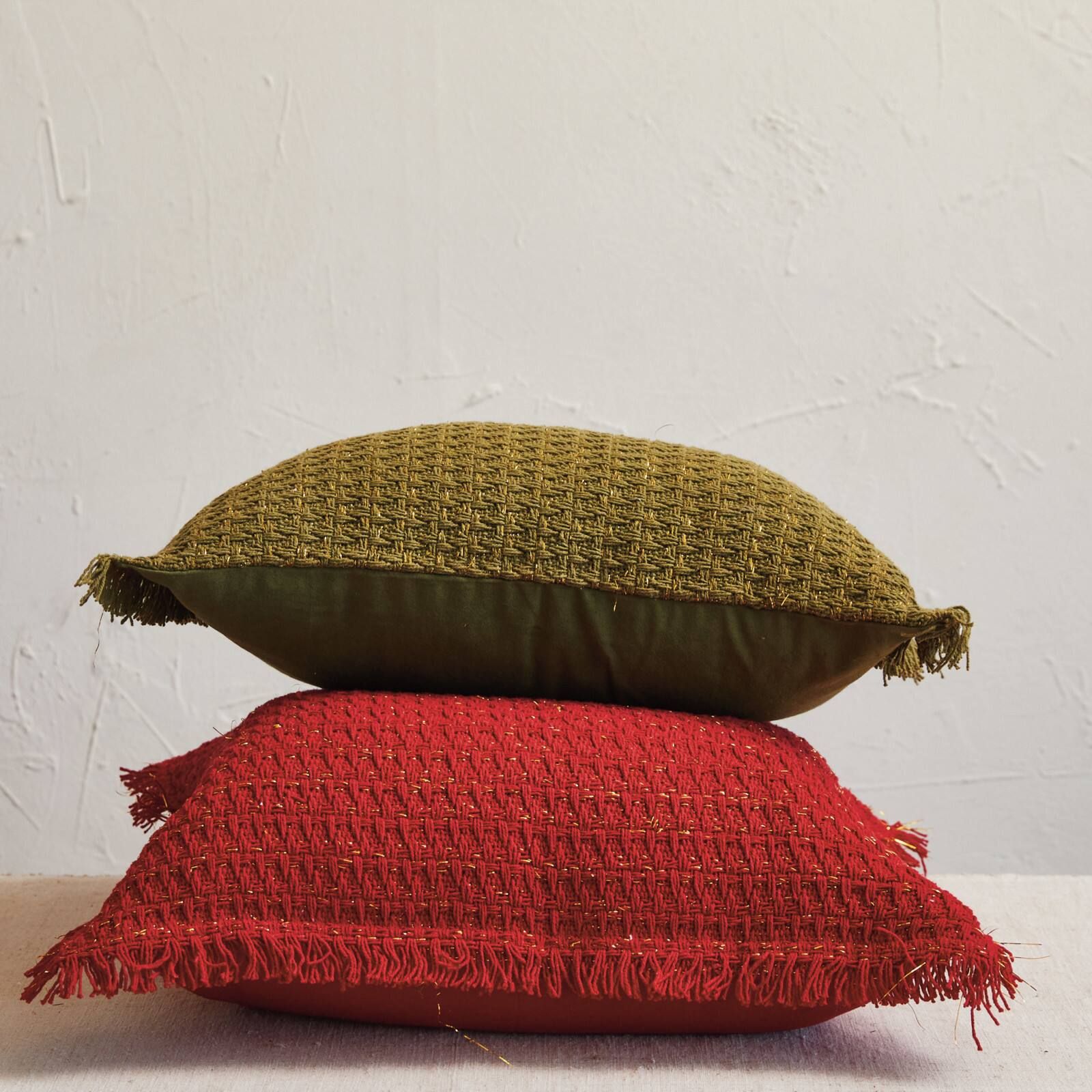 Hello Honey® 20" x 20" Square Red Woven Cotton Pillow with Metallic Gold Thread & Fringe