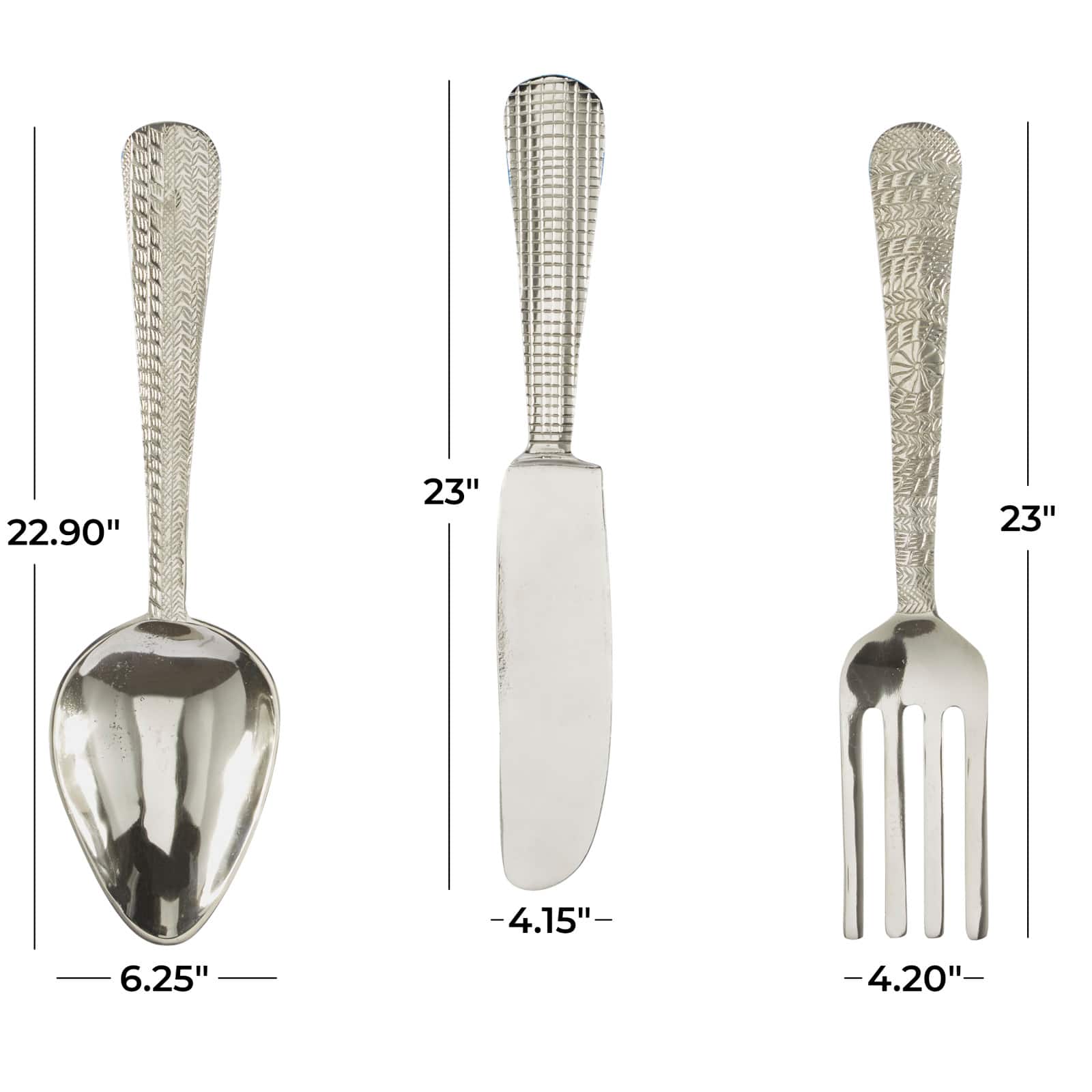 Silver Aluminum Knife, Spoon and Fork Utensils Wall Decor Set of 3 23", 23", 23"