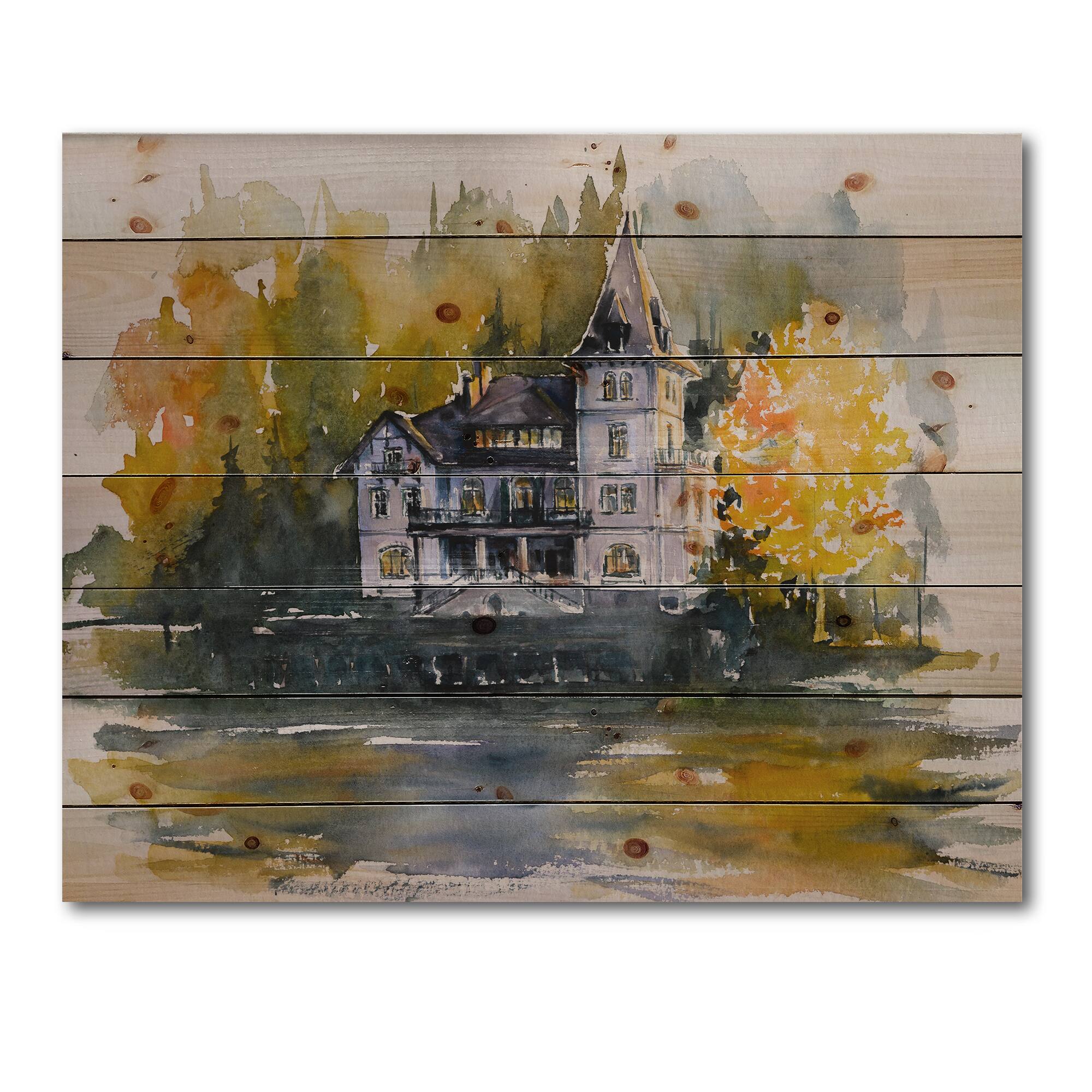 Designart - Castle By The Lake With Autumn Trees - Lake House Print on Natural Pine Wood