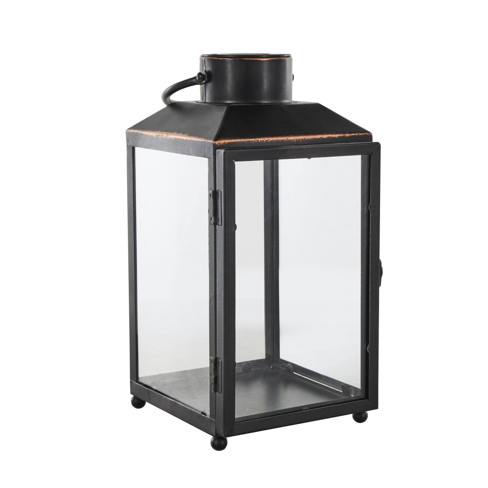 14" Black Metal Modern Candle Lantern with Gold Accents