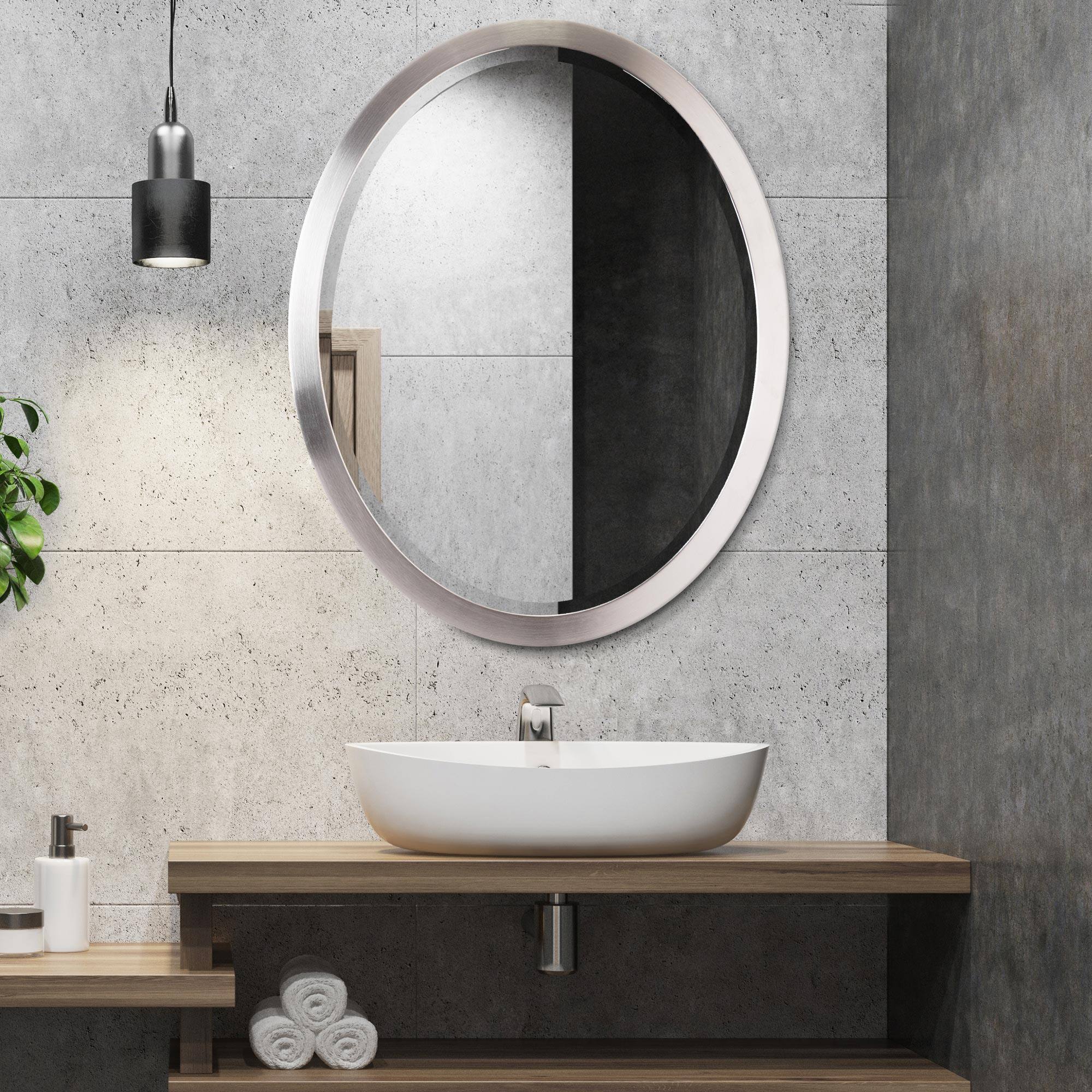 Classic Brushed Nickel Oval Metal Framed Beveled Vanity Wall Mirror - 23" x 29"