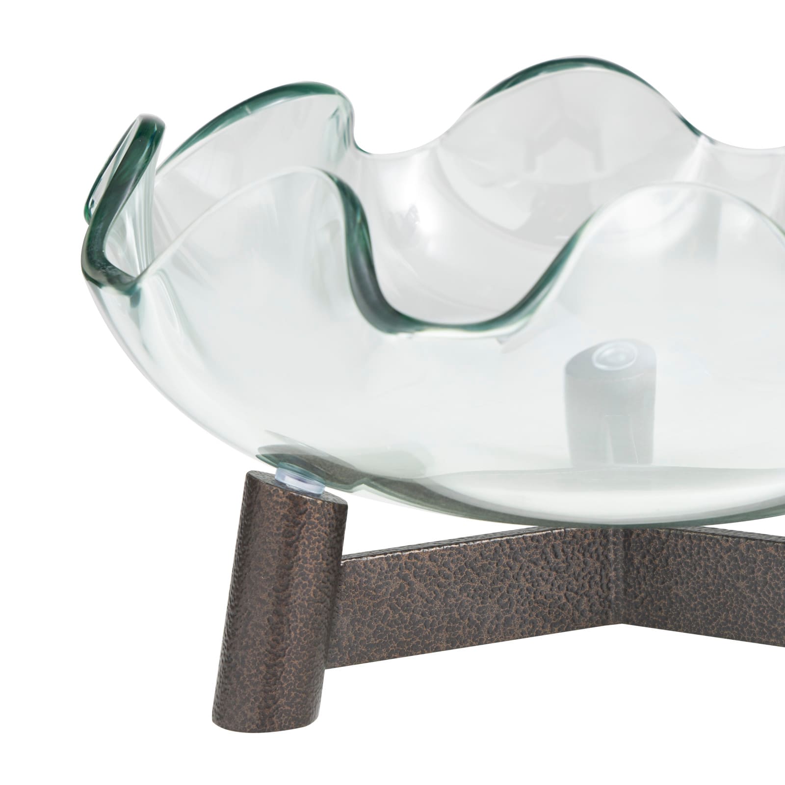 9" Clear Glass Floral Inspired Serving Bowl with Bronze Hammered Y-Shaped Stand