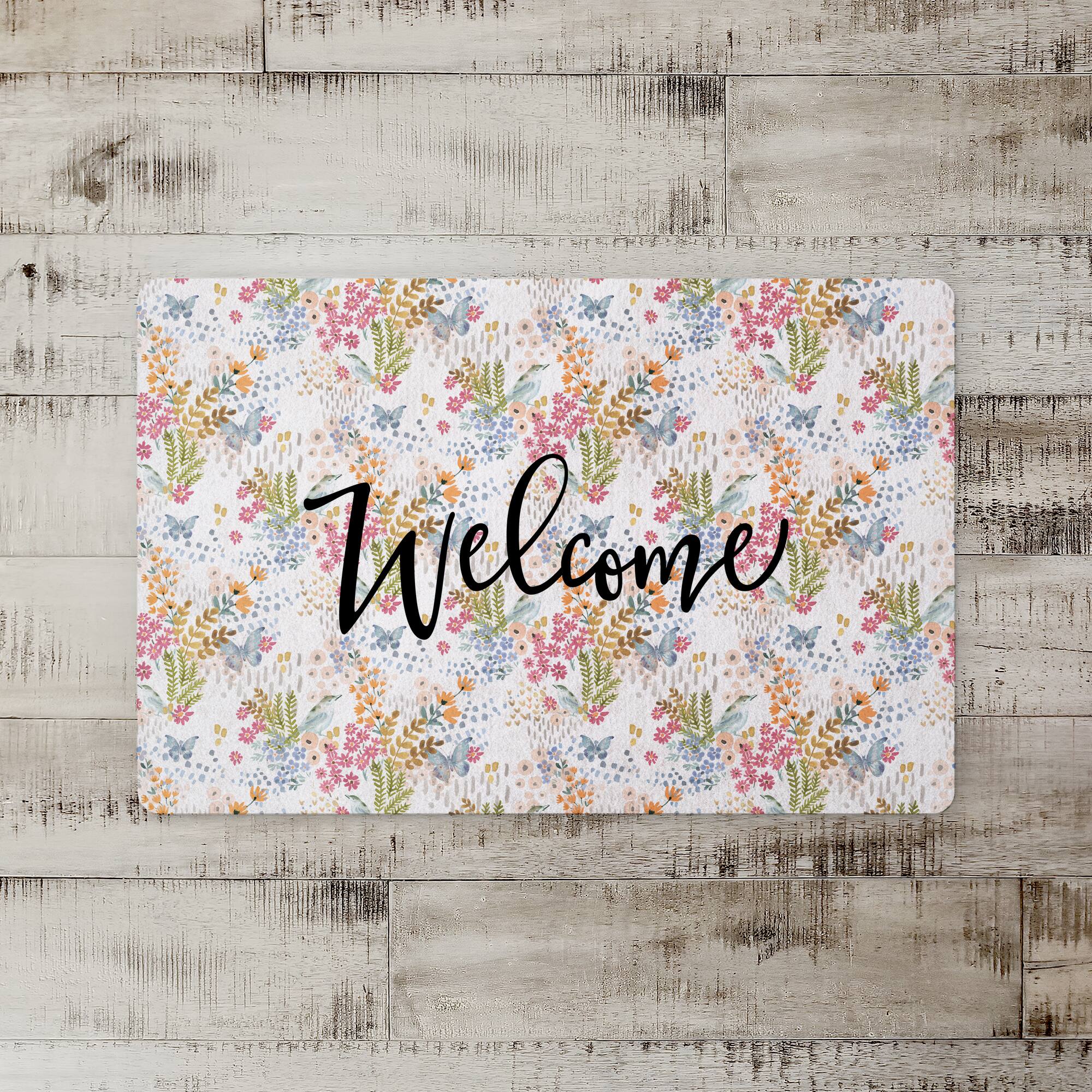 Welcome Butterfly Bird Floral Floor Mat