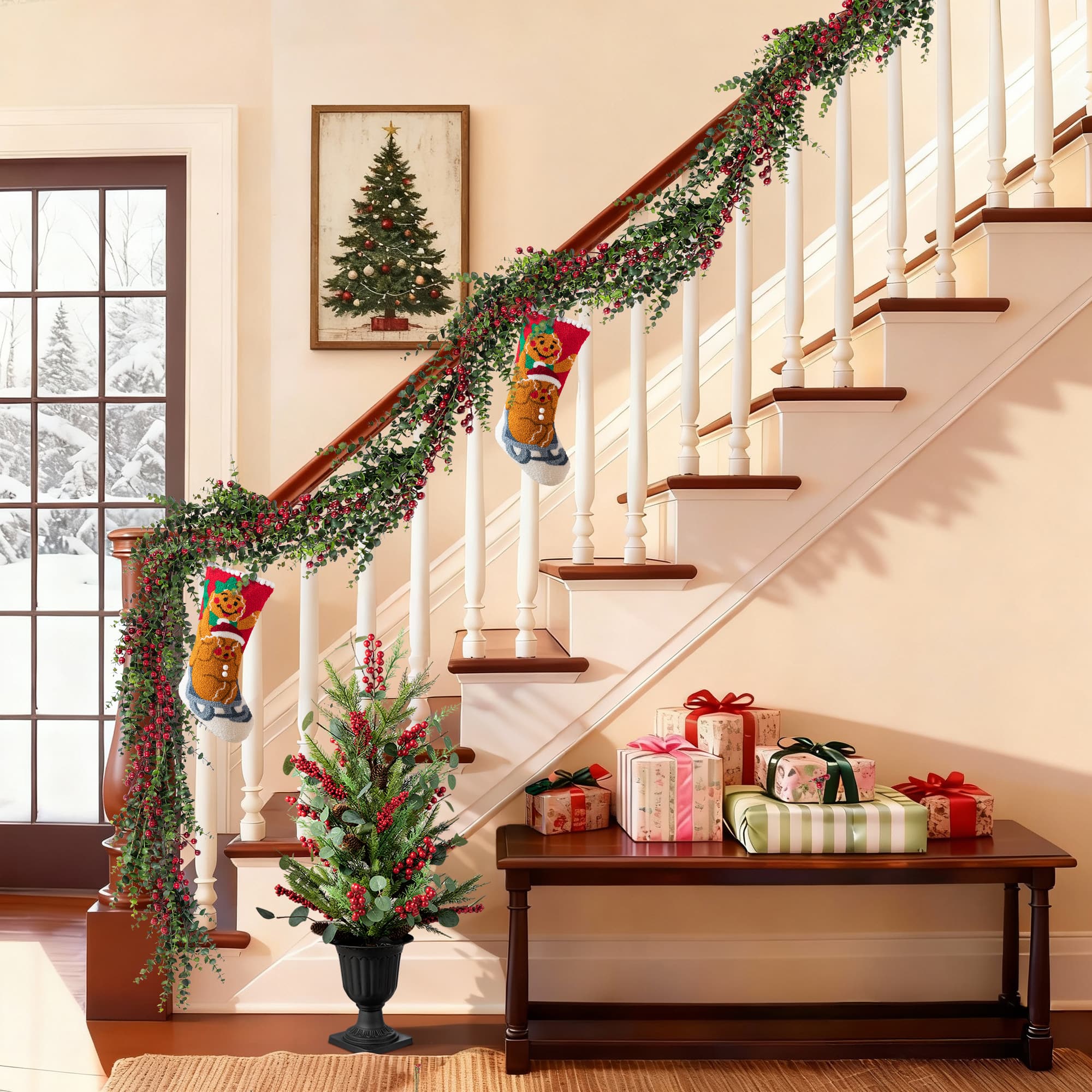 Glitzhome® 9ft. Christmas Greenery PE Dripping Eucalyptus Garland with Red Berries, Set of 2